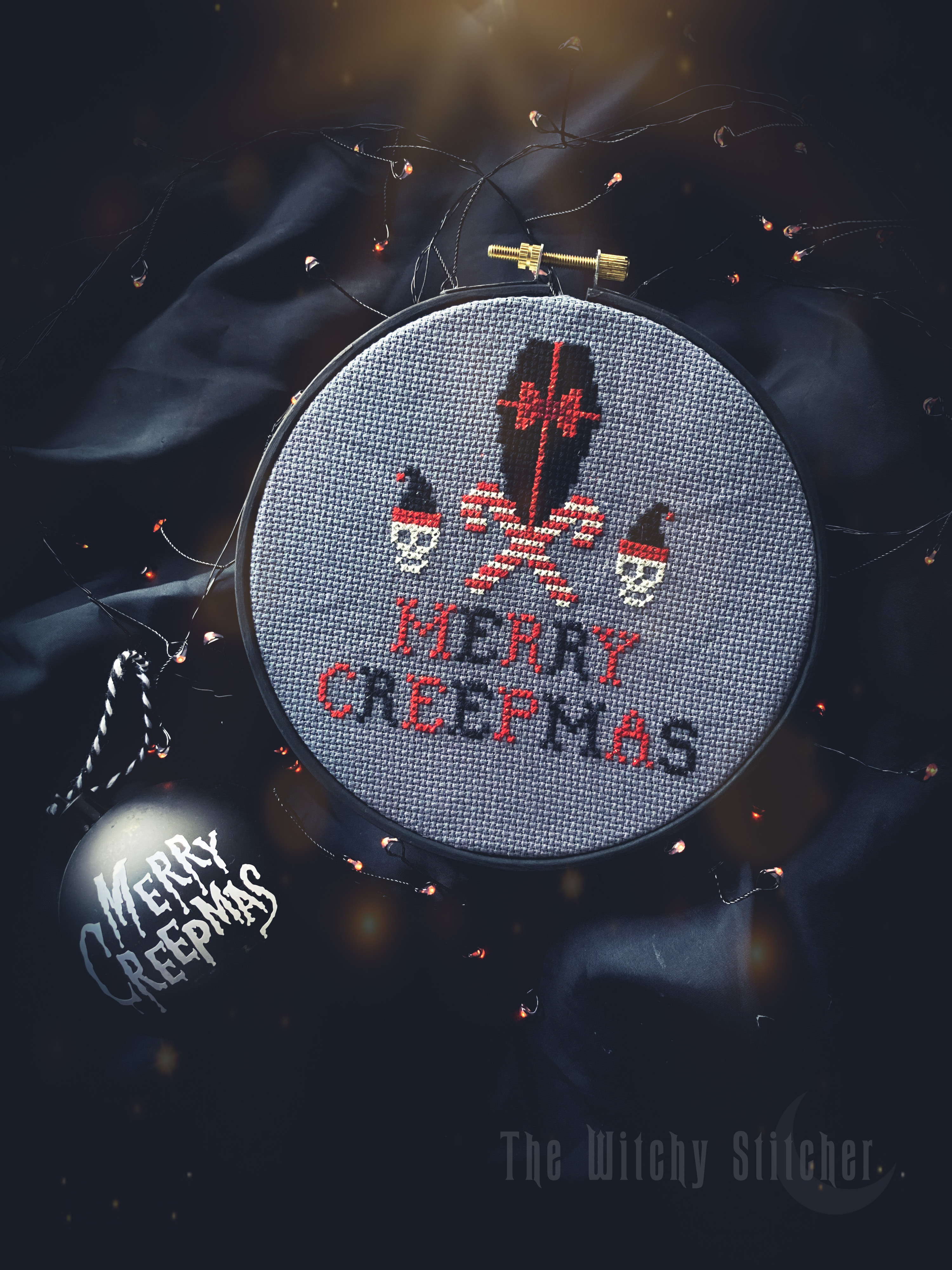 Merry Creepmas- Christmas Cross Stitch Pattern, different perspective #1, zoomed in. Select this picture to zoom back out.
