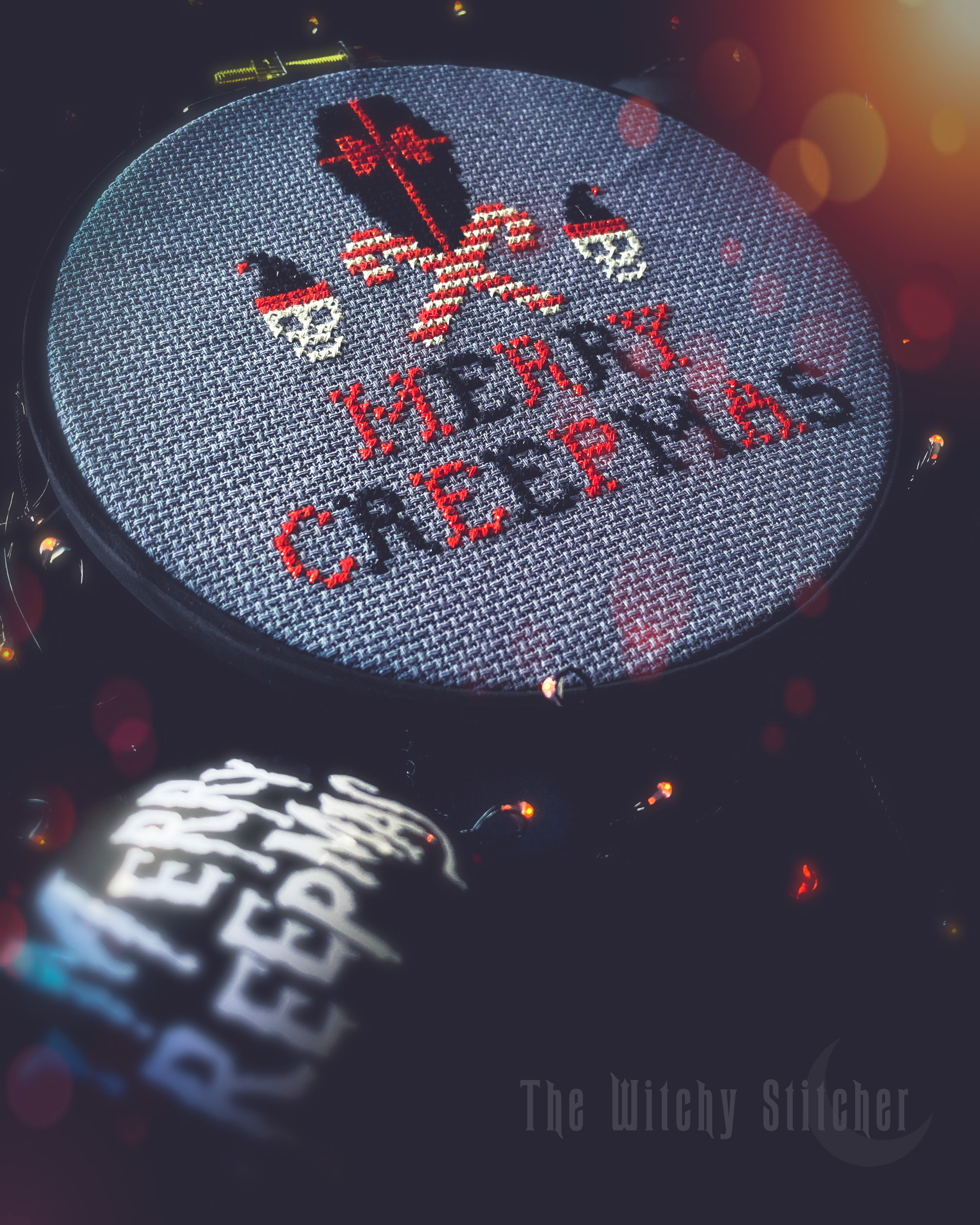 Merry Creepmas- Christmas Cross Stitch Pattern, different perspective #2, zoomed in. Select this picture to zoom back out.