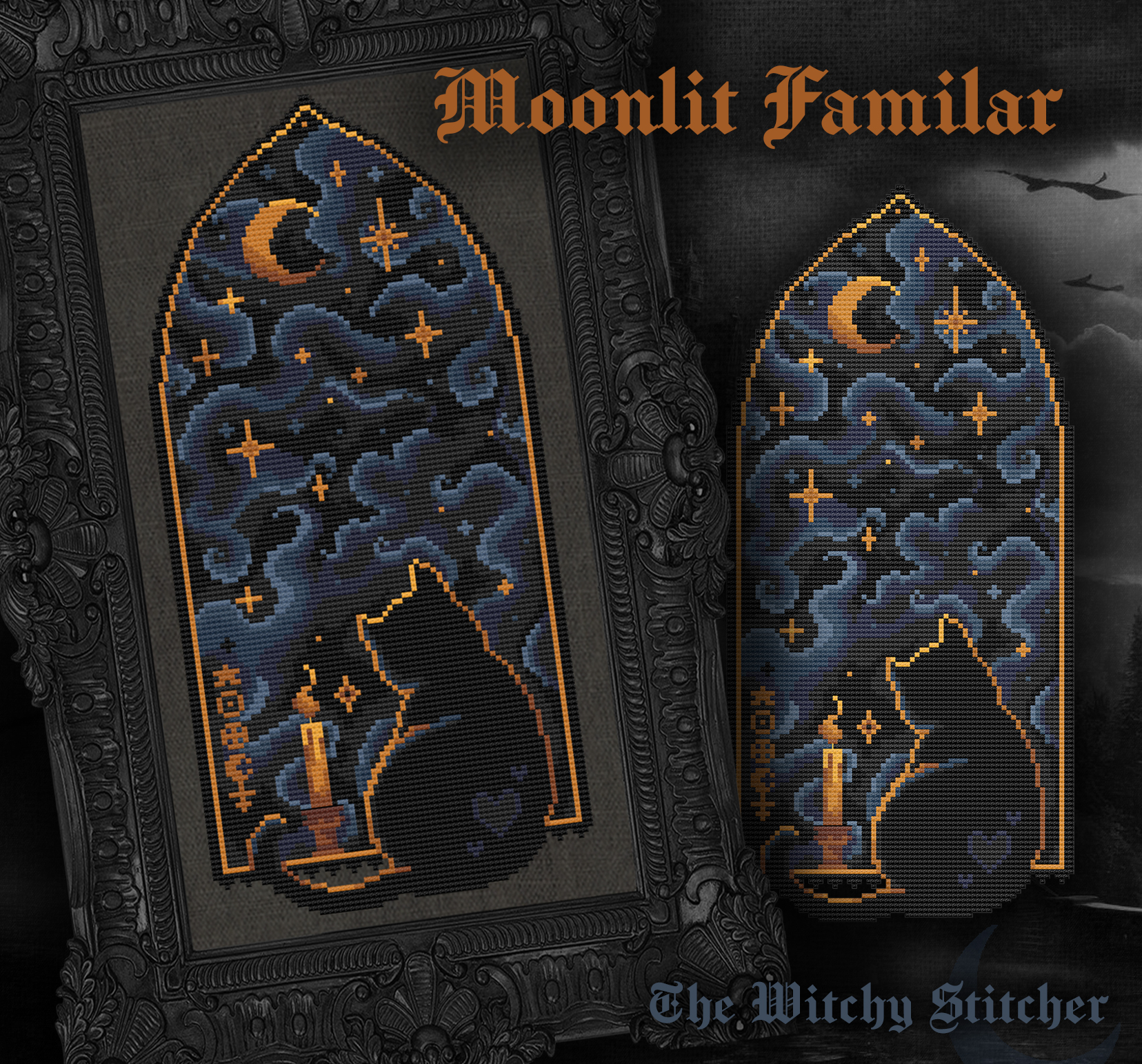 Moonlit Familiar - Cross Stitch Pattern, different perspective #1, zoomed in. Select this picture to zoom back out.