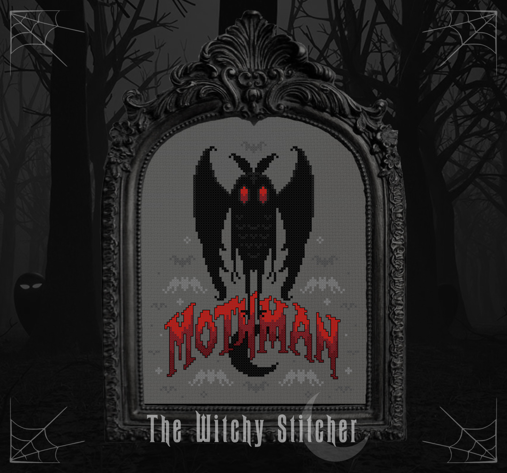 Mothman - Cross Stitch Pattern, different perspective #1, zoomed in. Select this picture to zoom back out.