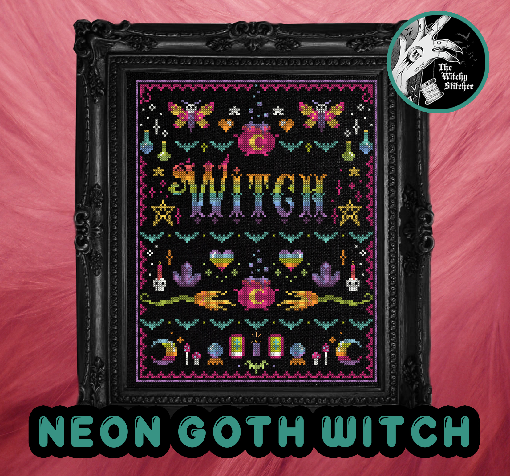 Neon Goth Witch - Cross Stitch Pattern, different perspective #1, zoomed in. Select this picture to zoom back out.