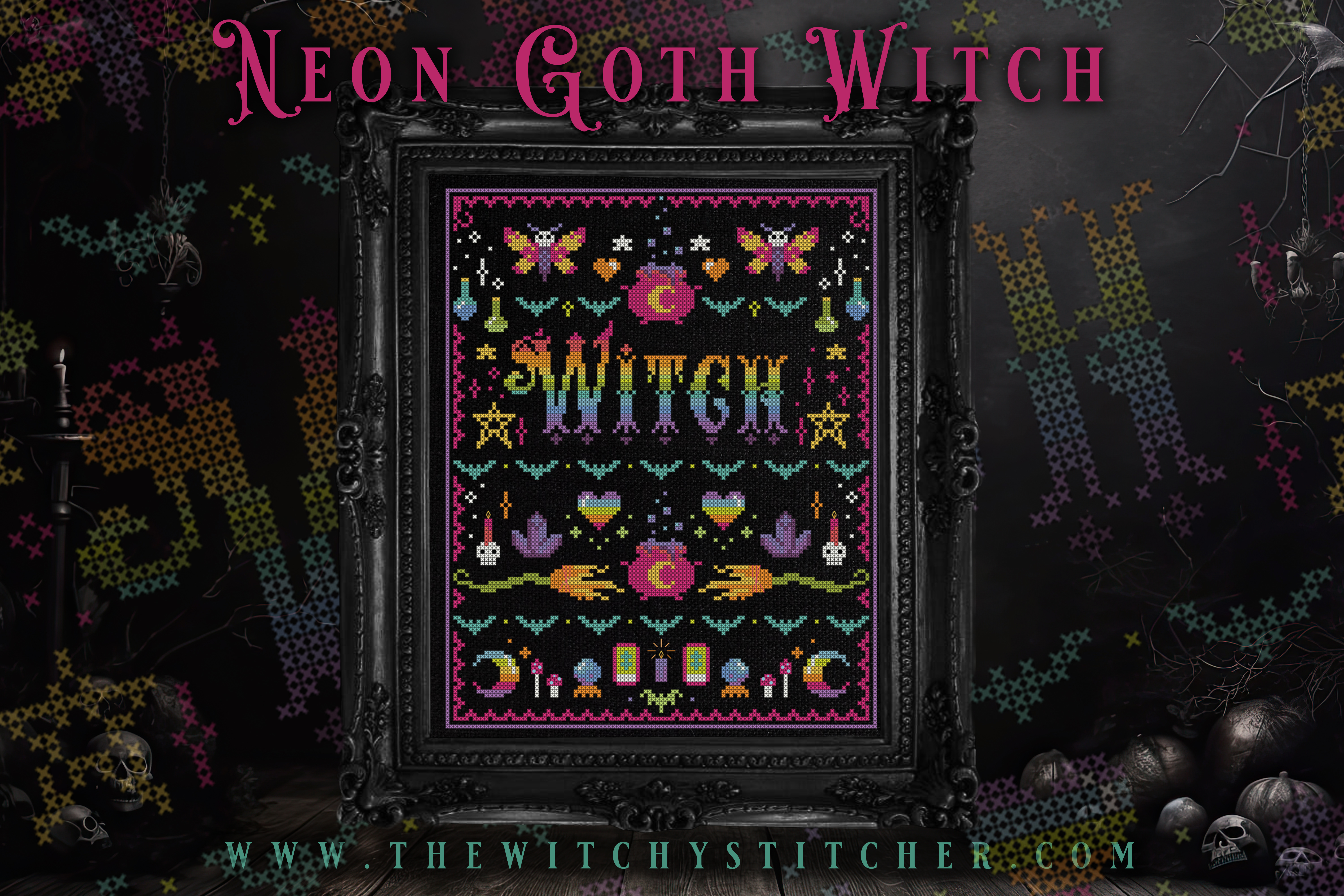 Neon Goth Witch - Cross Stitch Pattern, different perspective #2, zoomed in. Select this picture to zoom back out.