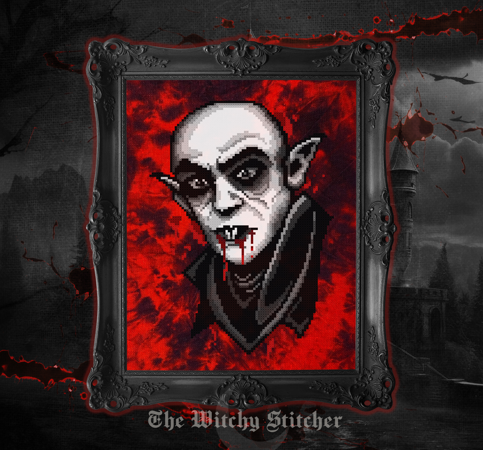 Nosferatu - Halloween PDF Cross Stitch Pattern, different perspective #1, zoomed in. Select this picture to zoom back out.