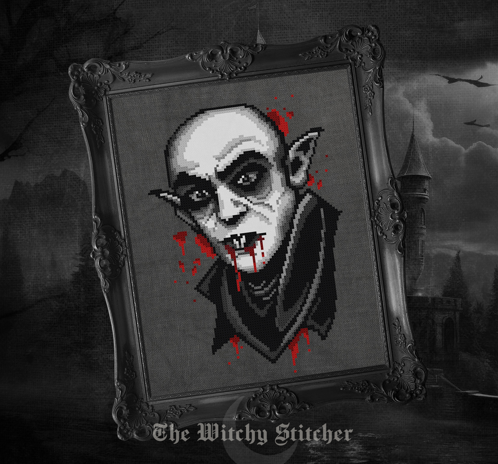 Nosferatu - Halloween PDF Cross Stitch Pattern, different perspective #2, zoomed in. Select this picture to zoom back out.