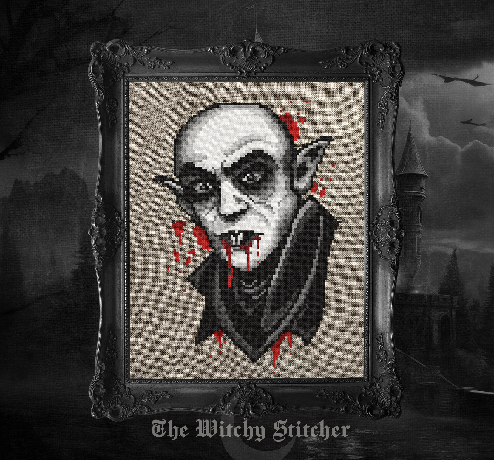 Nosferatu - Halloween PDF Cross Stitch Pattern, zoomed in. Select this picture to zoom back out.