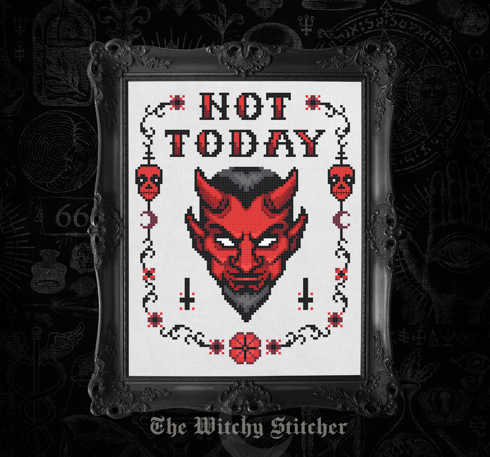 Not Today Satan - Cross Stitch Pattern, different perspective #1, zoomed in. Select this picture to zoom back out.