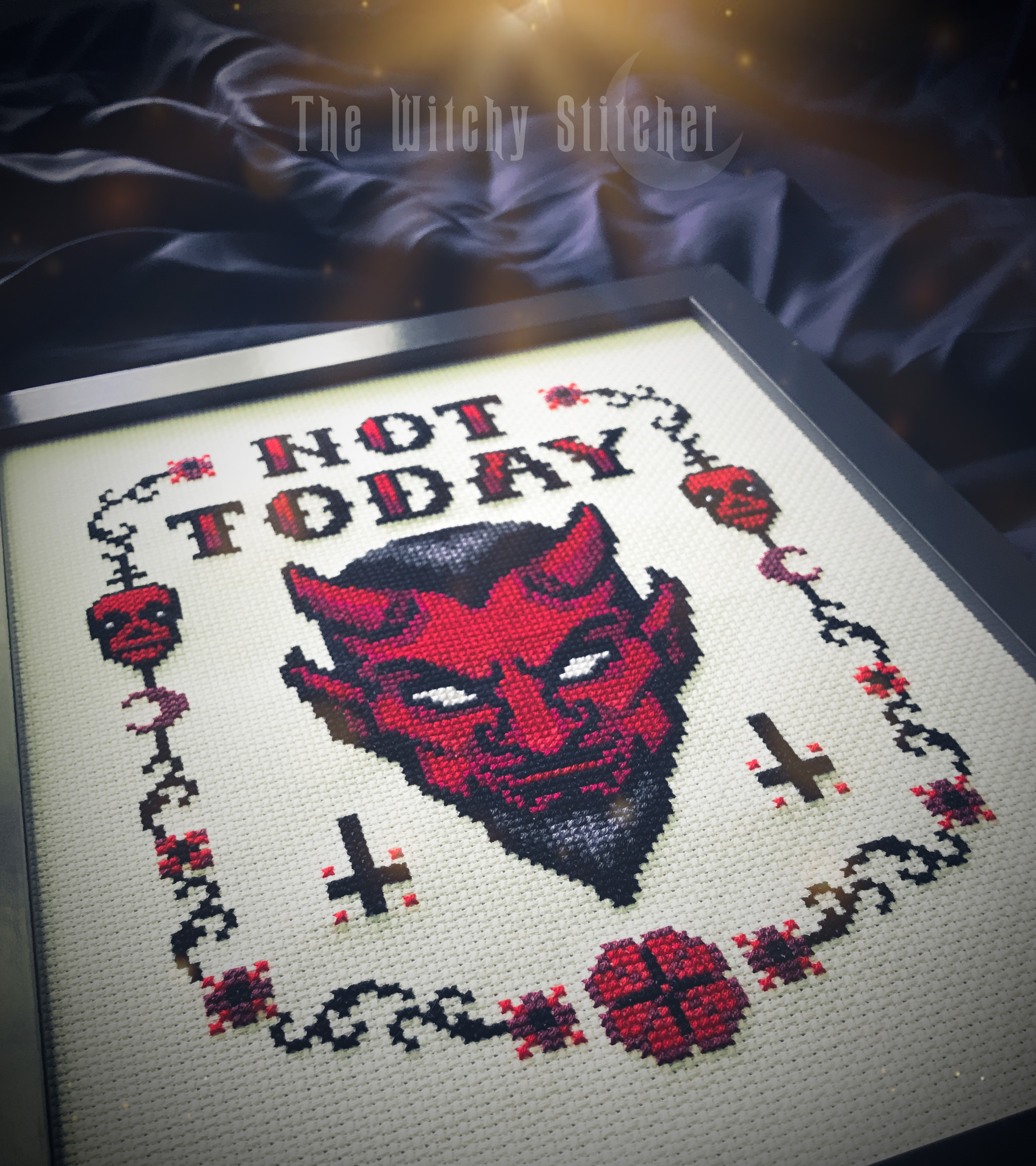 Not Today Satan - Cross Stitch Pattern, different perspective #3, zoomed in. Select this picture to zoom back out.