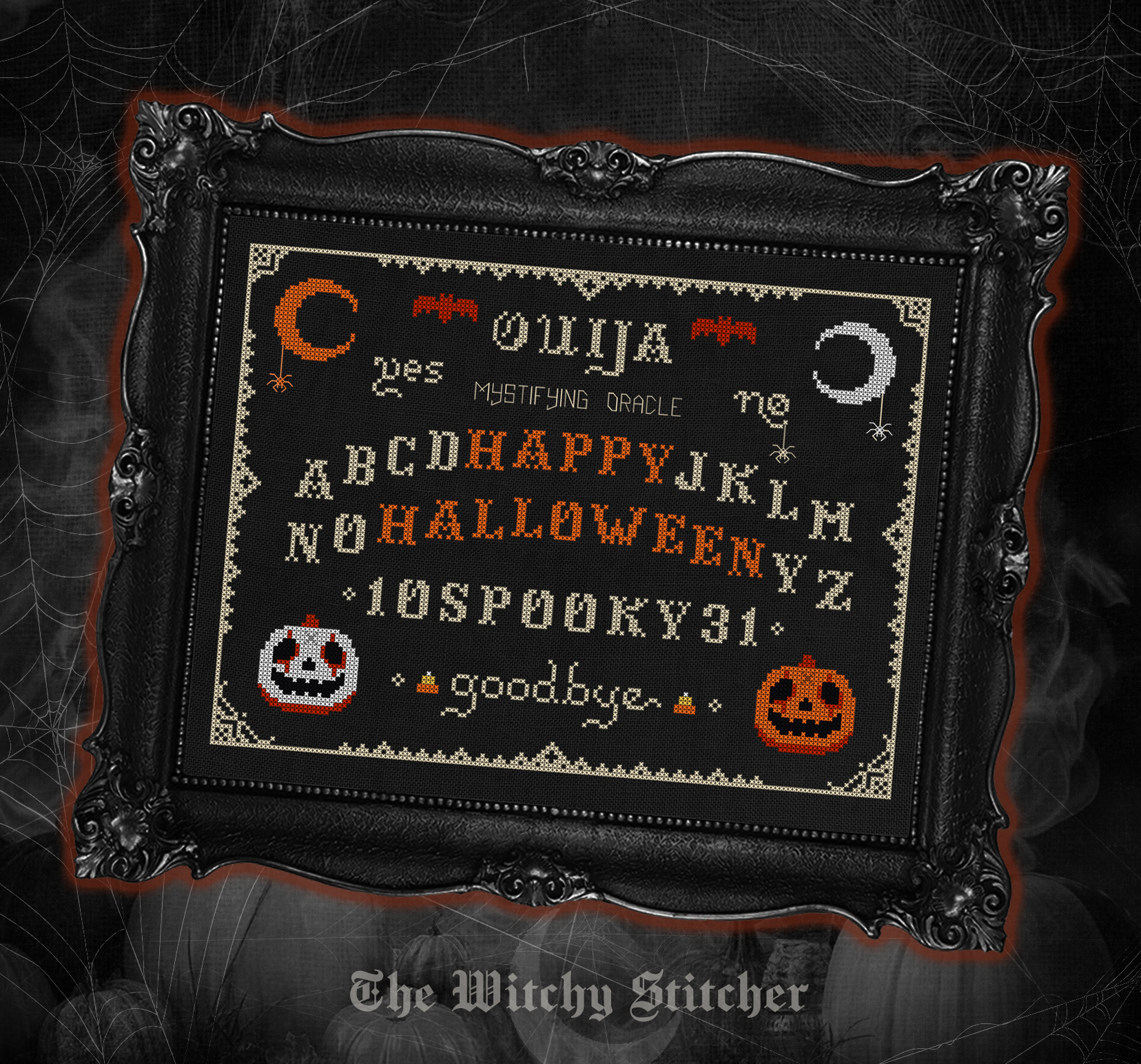 Ouija Happy Halloween - PDF Cross Stitch Pattern, different perspective #1, zoomed in. Select this picture to zoom back out.