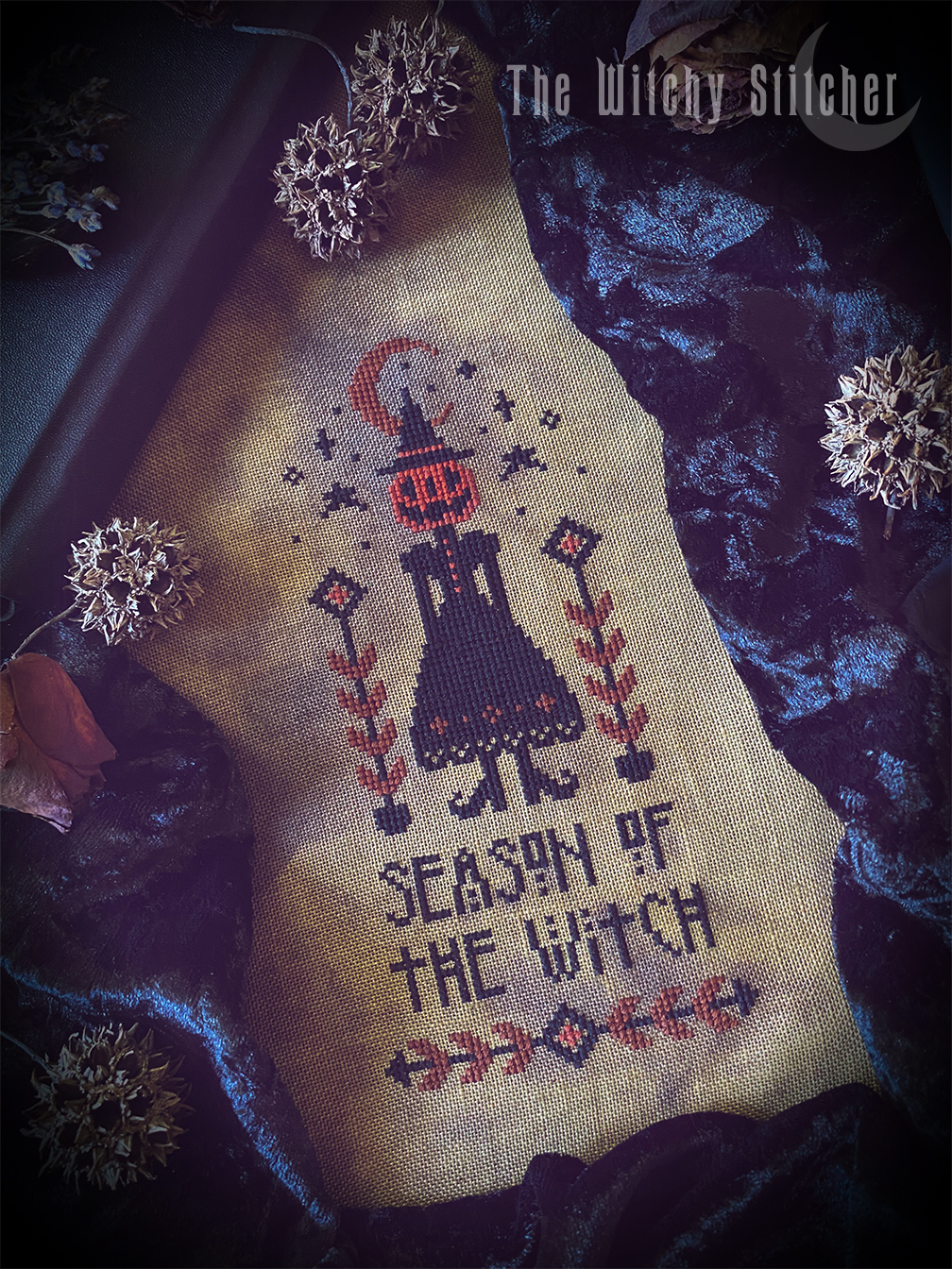 Season Of The Witch - Halloween Cross Stitch Pattern, different perspective #1, zoomed in. Select this picture to zoom back out.