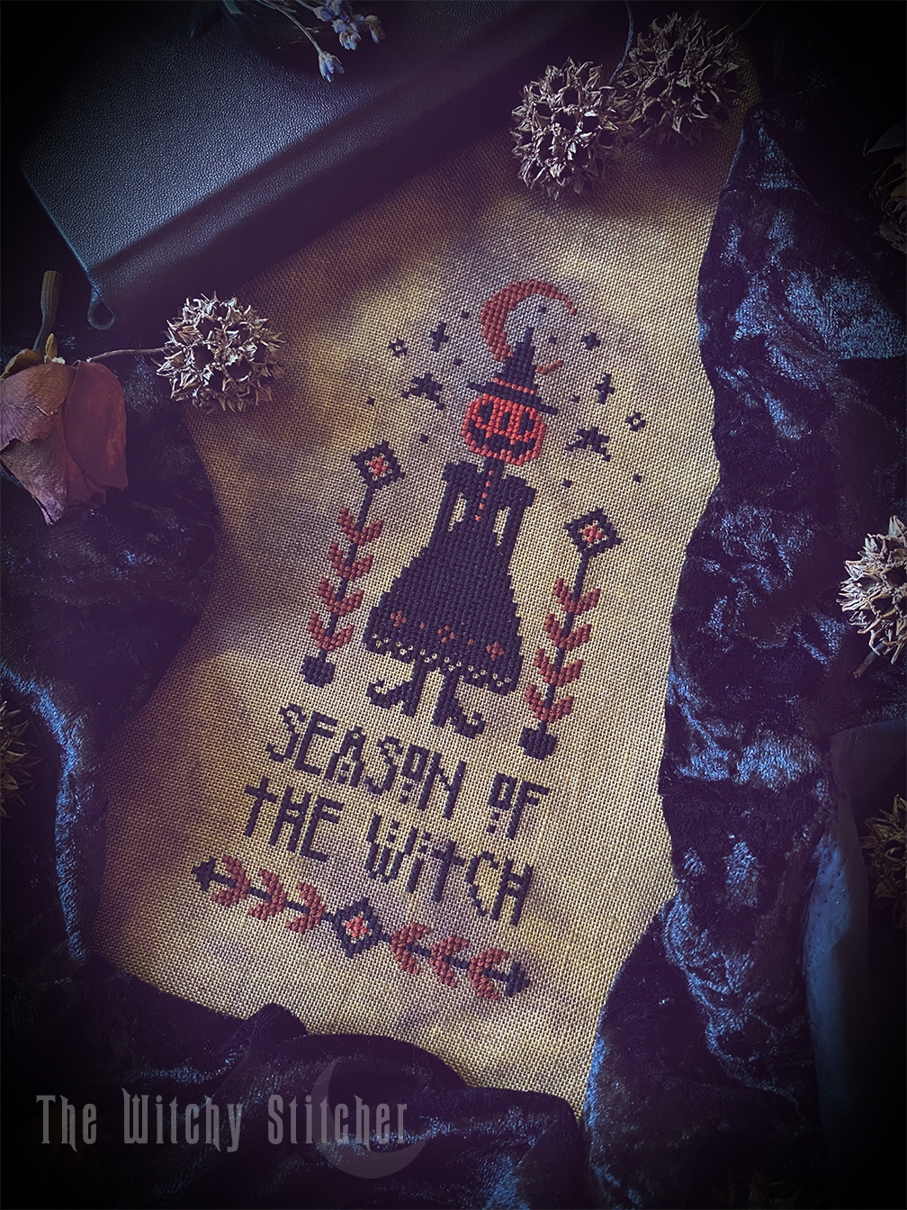 Season Of The Witch - Halloween Cross Stitch Pattern, different perspective #2, zoomed in. Select this picture to zoom back out.