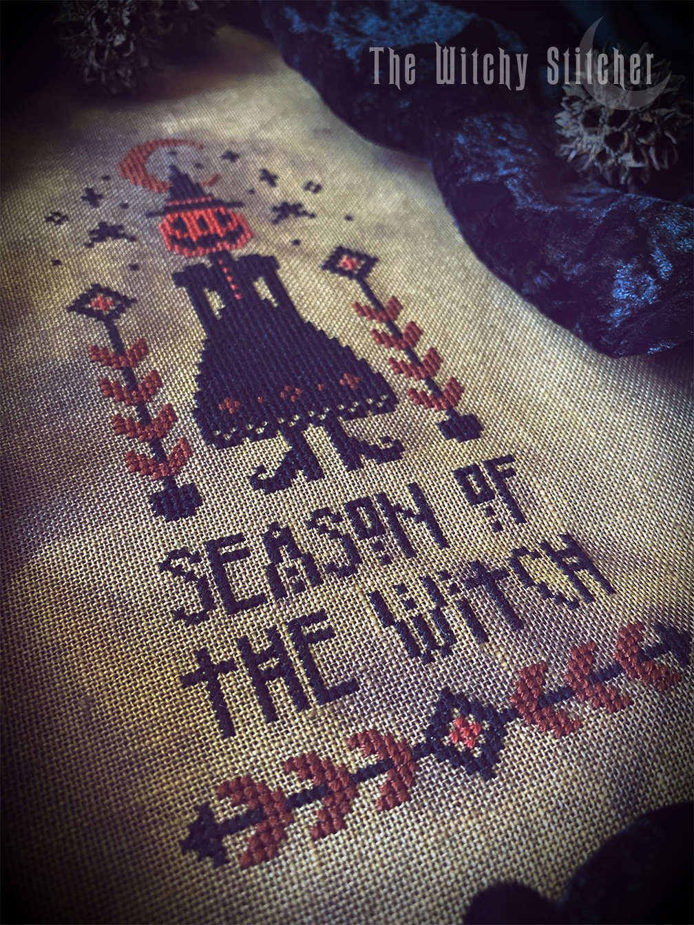 Season Of The Witch - Halloween Cross Stitch Pattern, different perspective #3, zoomed in. Select this picture to zoom back out.