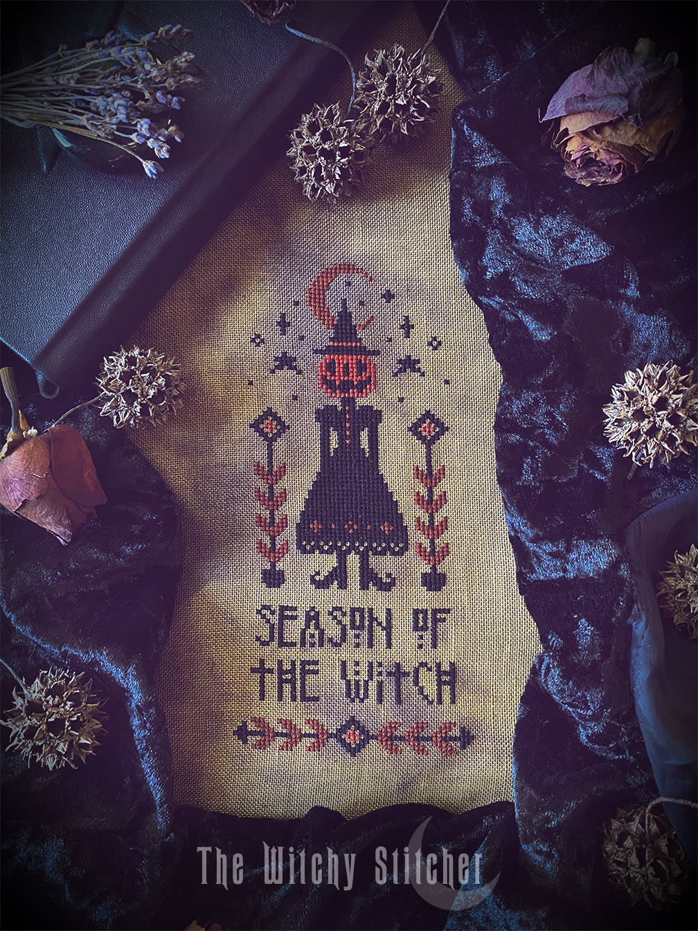 Season Of The Witch - Halloween Cross Stitch Pattern, zoomed in. Select this picture to zoom back out.
