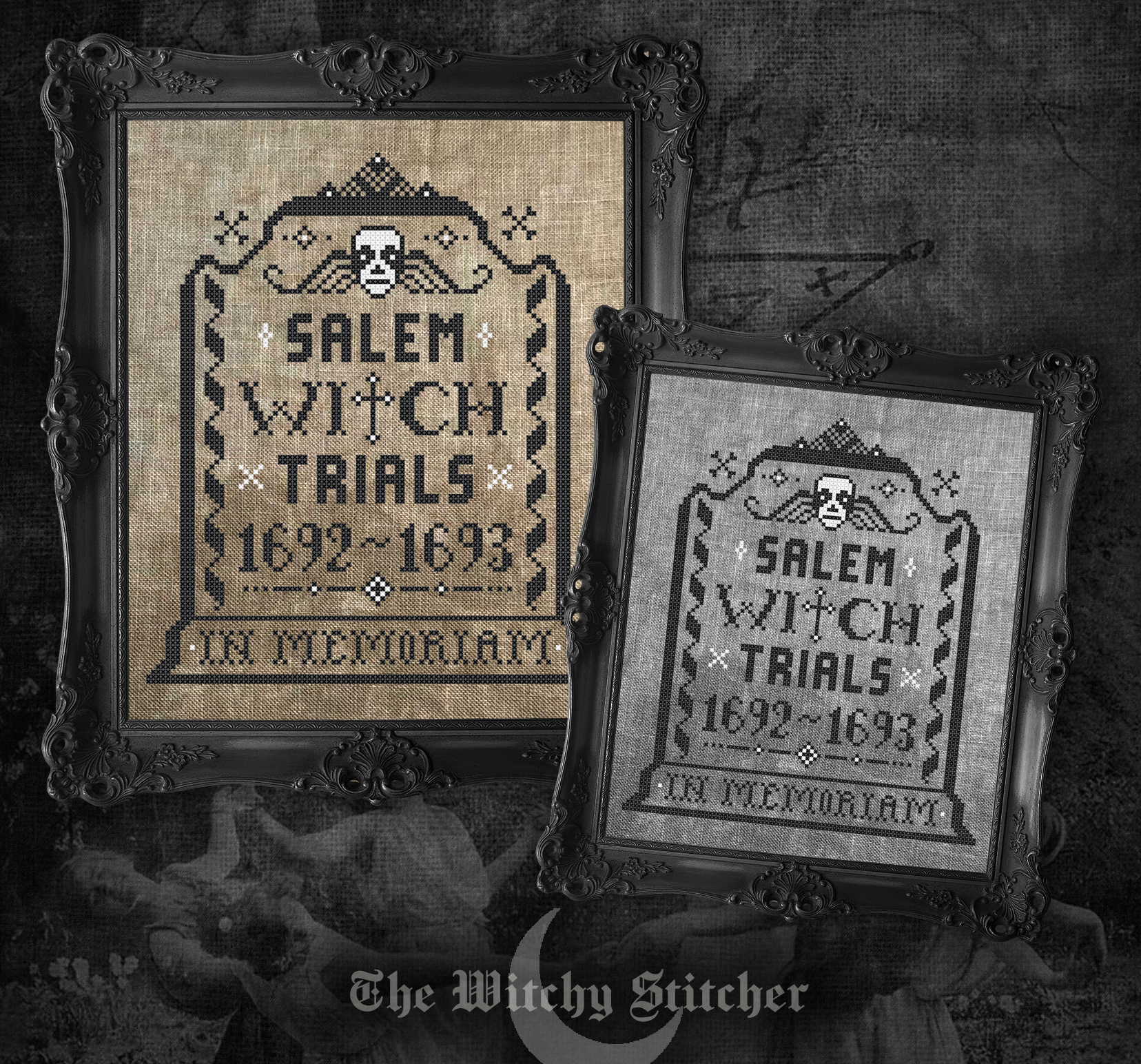 Salem In Memoriam - Halloween PDF Cross Stitch Pattern, different perspective #2, zoomed in. Select this picture to zoom back out.