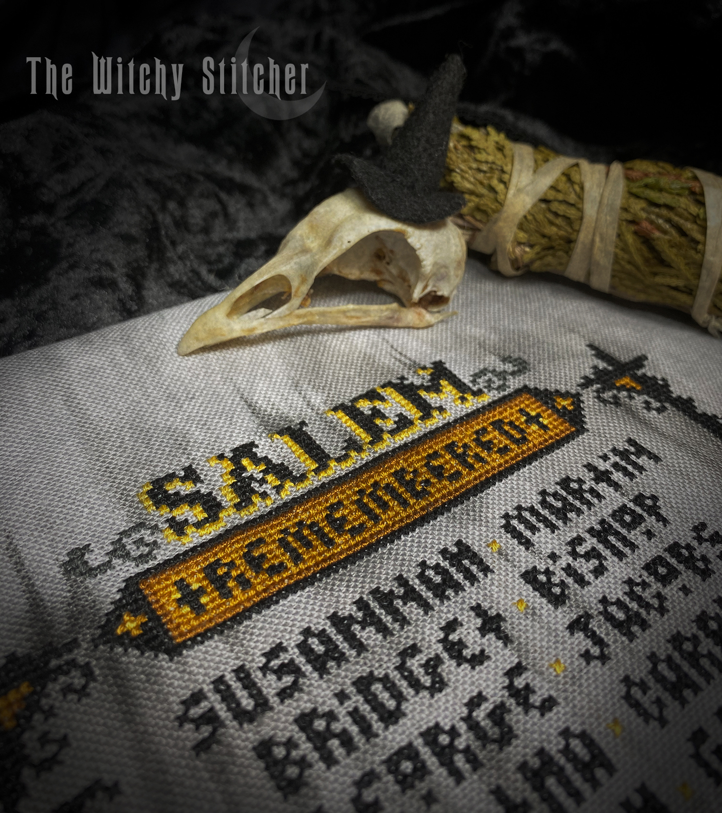 Salem Remembered - Halloween PDF Cross Stitch Pattern, different perspective #1, zoomed in. Select this picture to zoom back out.