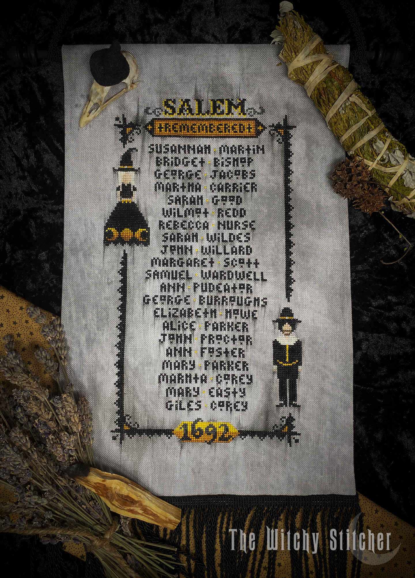 Salem Remembered - Halloween PDF Cross Stitch Pattern, zoomed in. Select this picture to zoom back out.