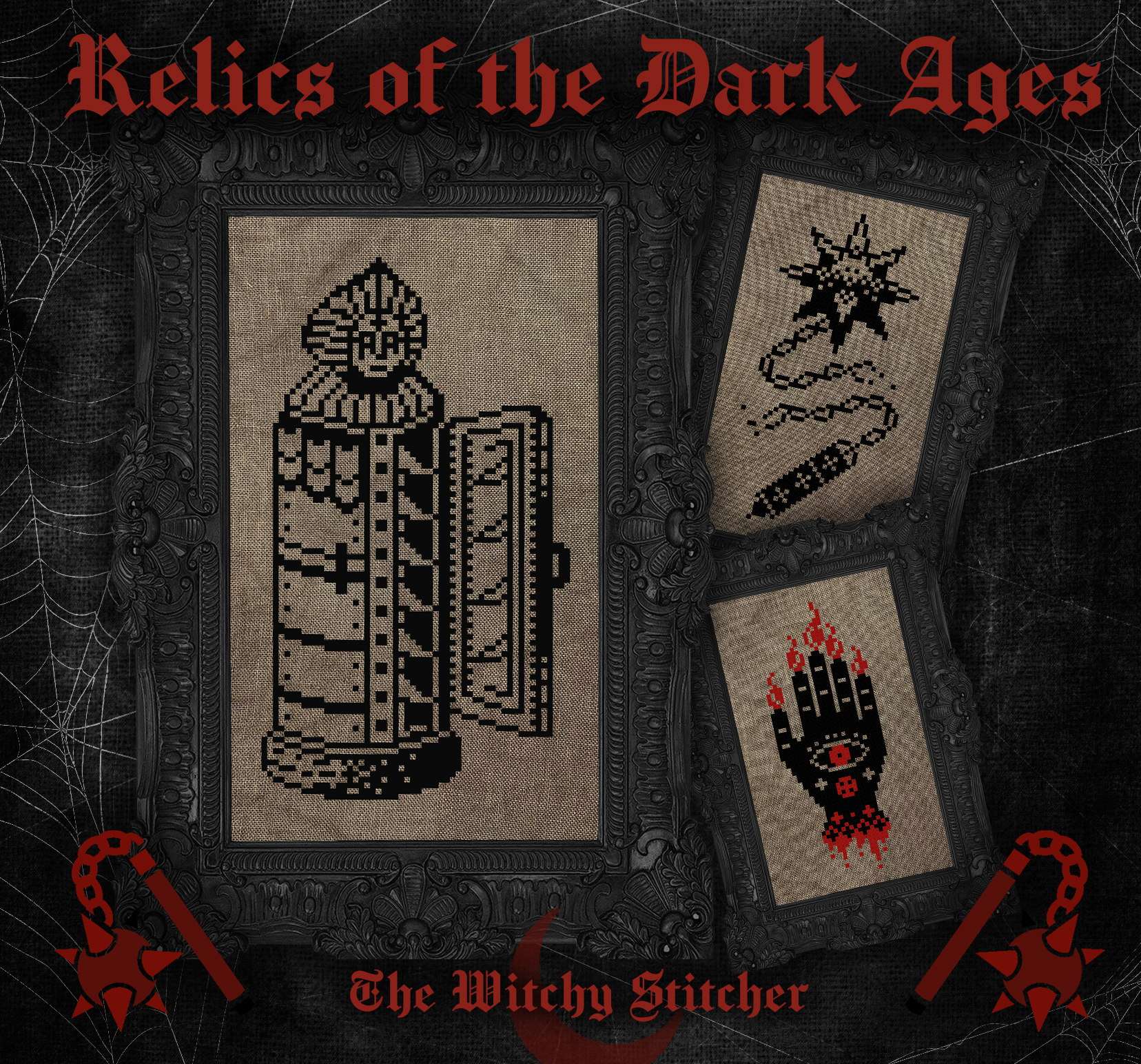 Relics of the Dark Ages - Halloween Cross Stitch Pattern, different perspective #1, zoomed in. Select this picture to zoom back out.