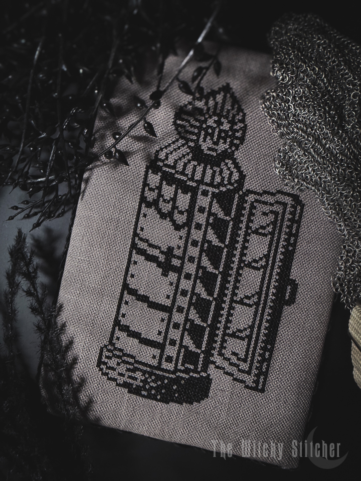 Relics of the Dark Ages - Halloween Cross Stitch Pattern, different perspective #2, zoomed in. Select this picture to zoom back out.