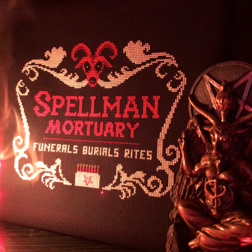 Spellman Mortuary - Halloween Cross Stitch Pattern, different perspective #1, zoomed in. Select this picture to zoom back out.
