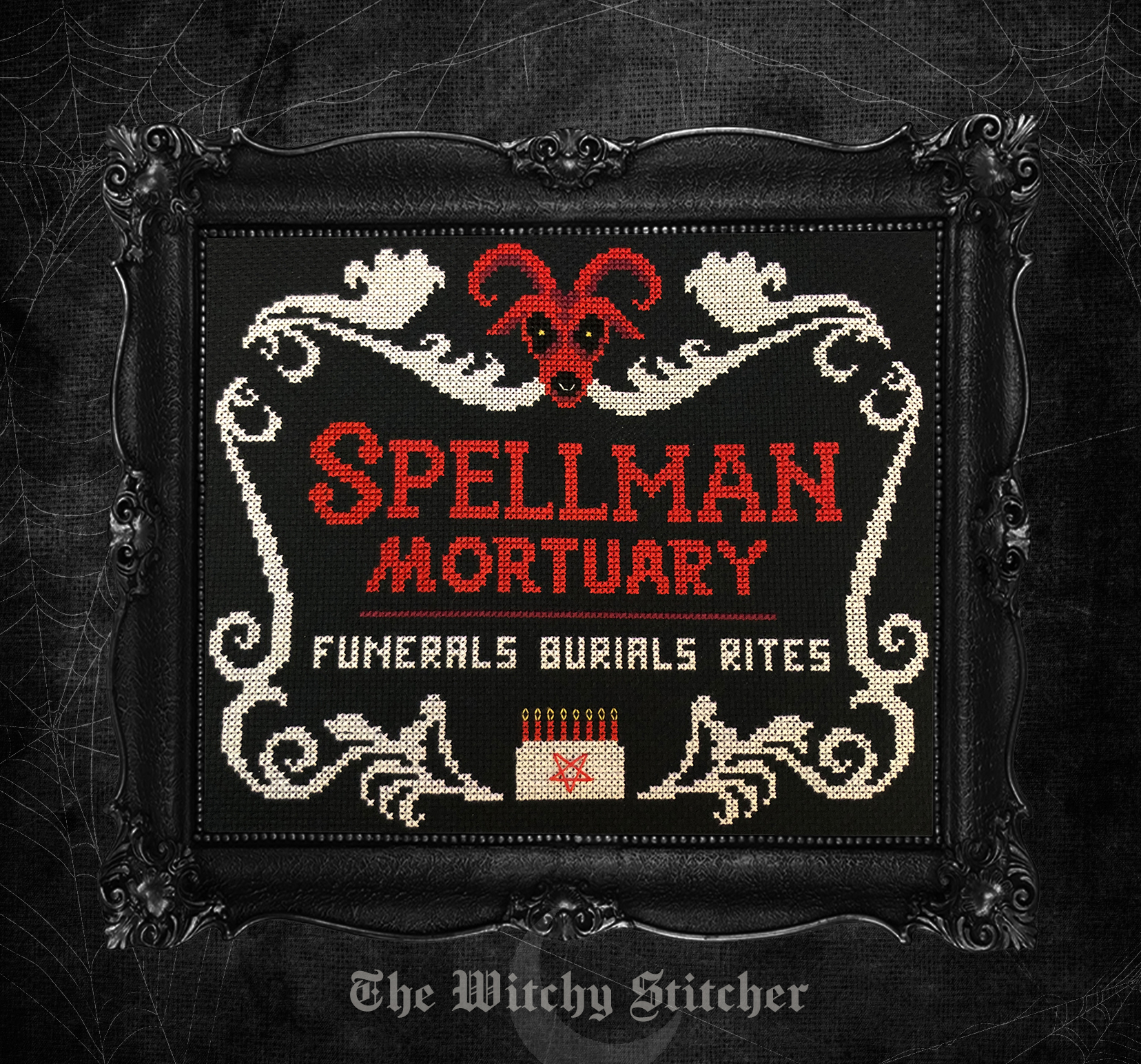 Spellman Mortuary - Halloween Cross Stitch Pattern, zoomed in. Select this picture to zoom back out.
