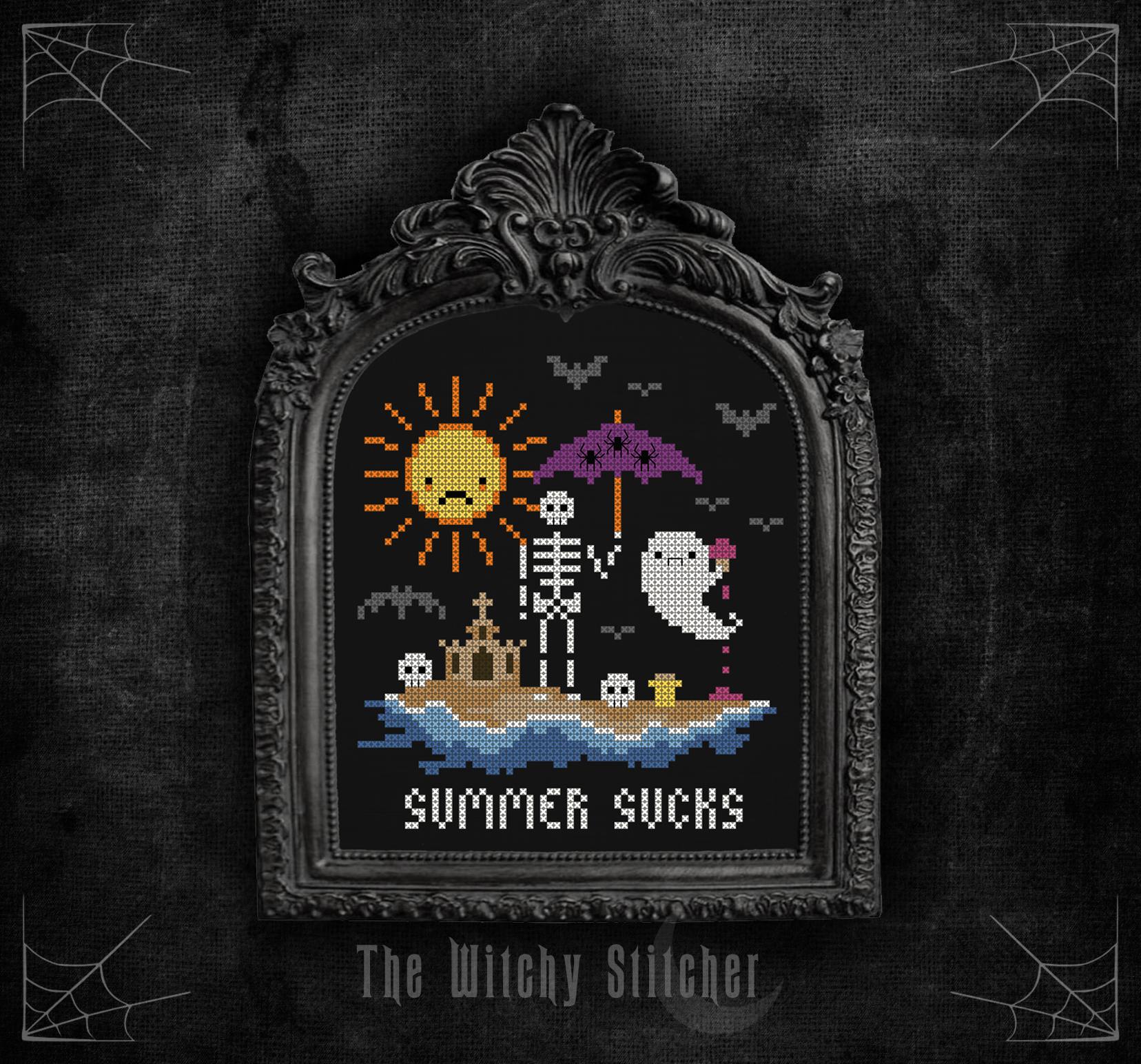 Summer Sucks - Halloween Cross Stitch Pattern, different perspective #1, zoomed in. Select this picture to zoom back out.