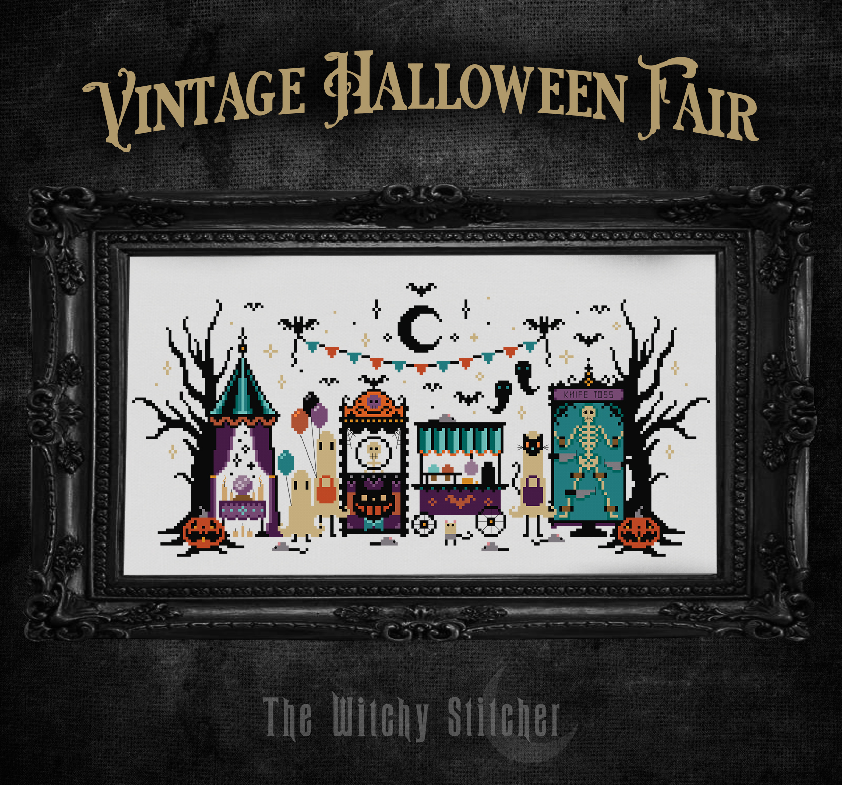 Vintage Halloween Fair - Halloween Cross Stitch Pattern, different perspective #1, zoomed in. Select this picture to zoom back out.