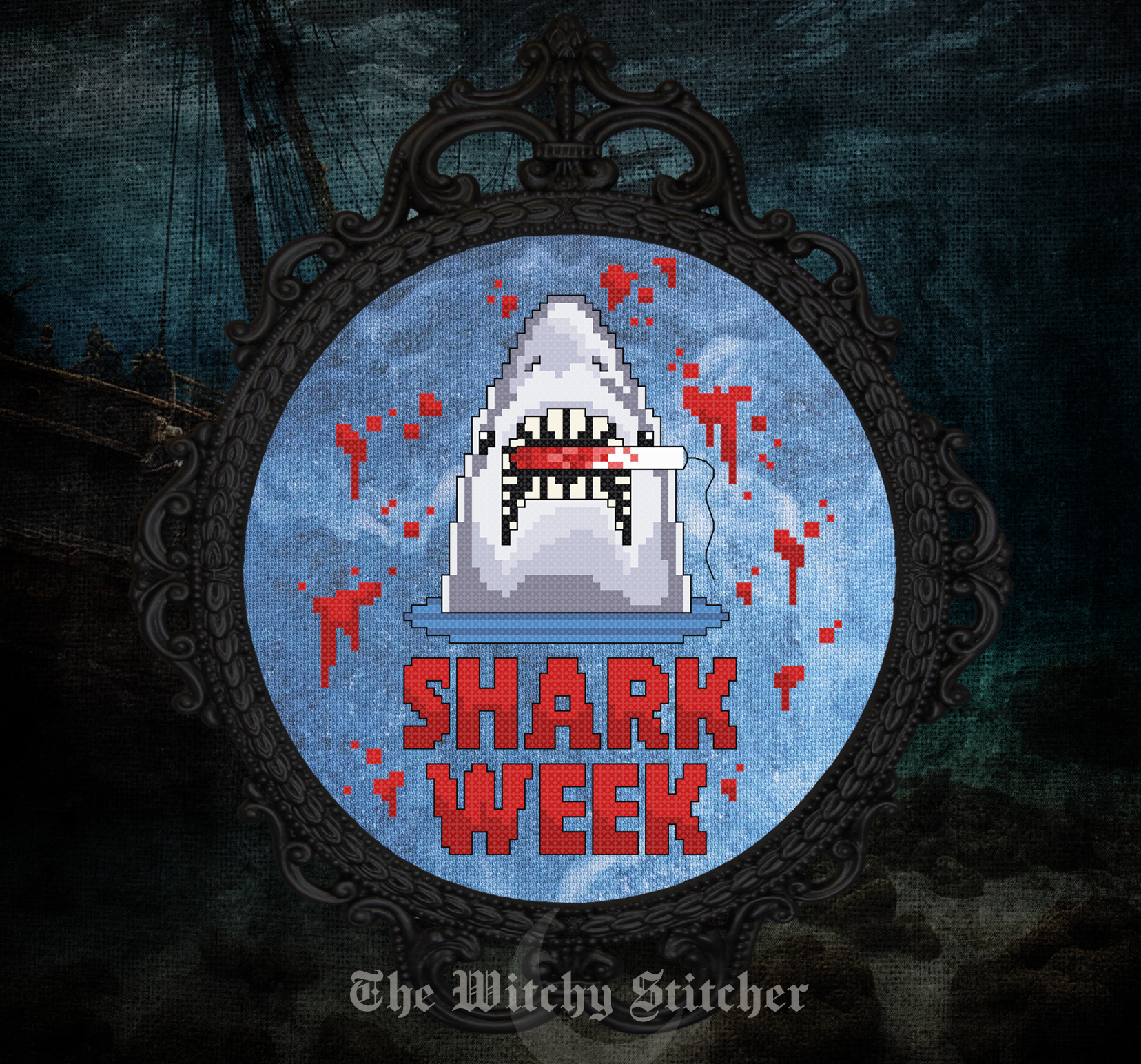 Shark Week - Cross Stitch Pattern, different perspective #1, zoomed in. Select this picture to zoom back out.