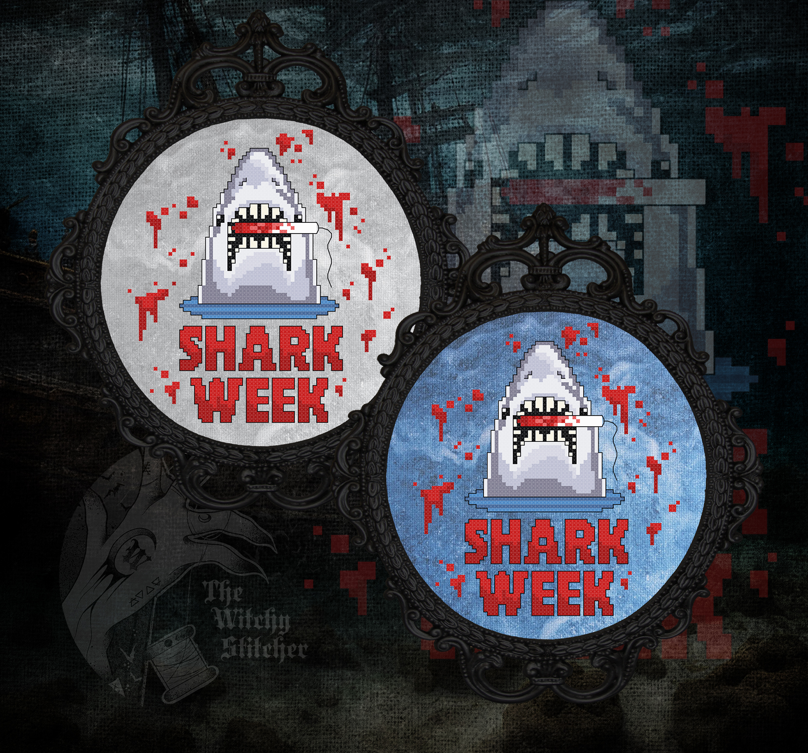 Shark Week - Cross Stitch Pattern, different perspective #2, zoomed in. Select this picture to zoom back out.