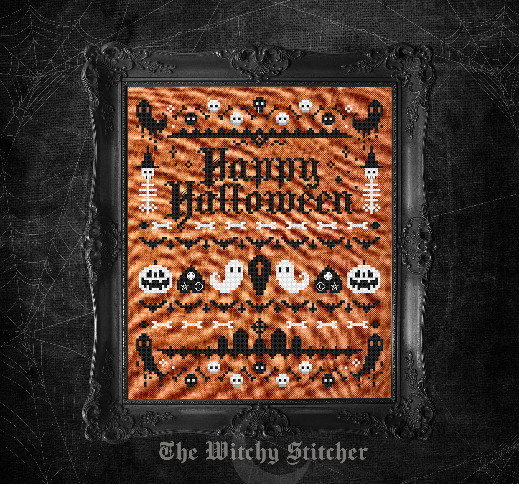 Spooky Halloween Sampler - Cross Stitch Pattern, different perspective #1, zoomed in. Select this picture to zoom back out.