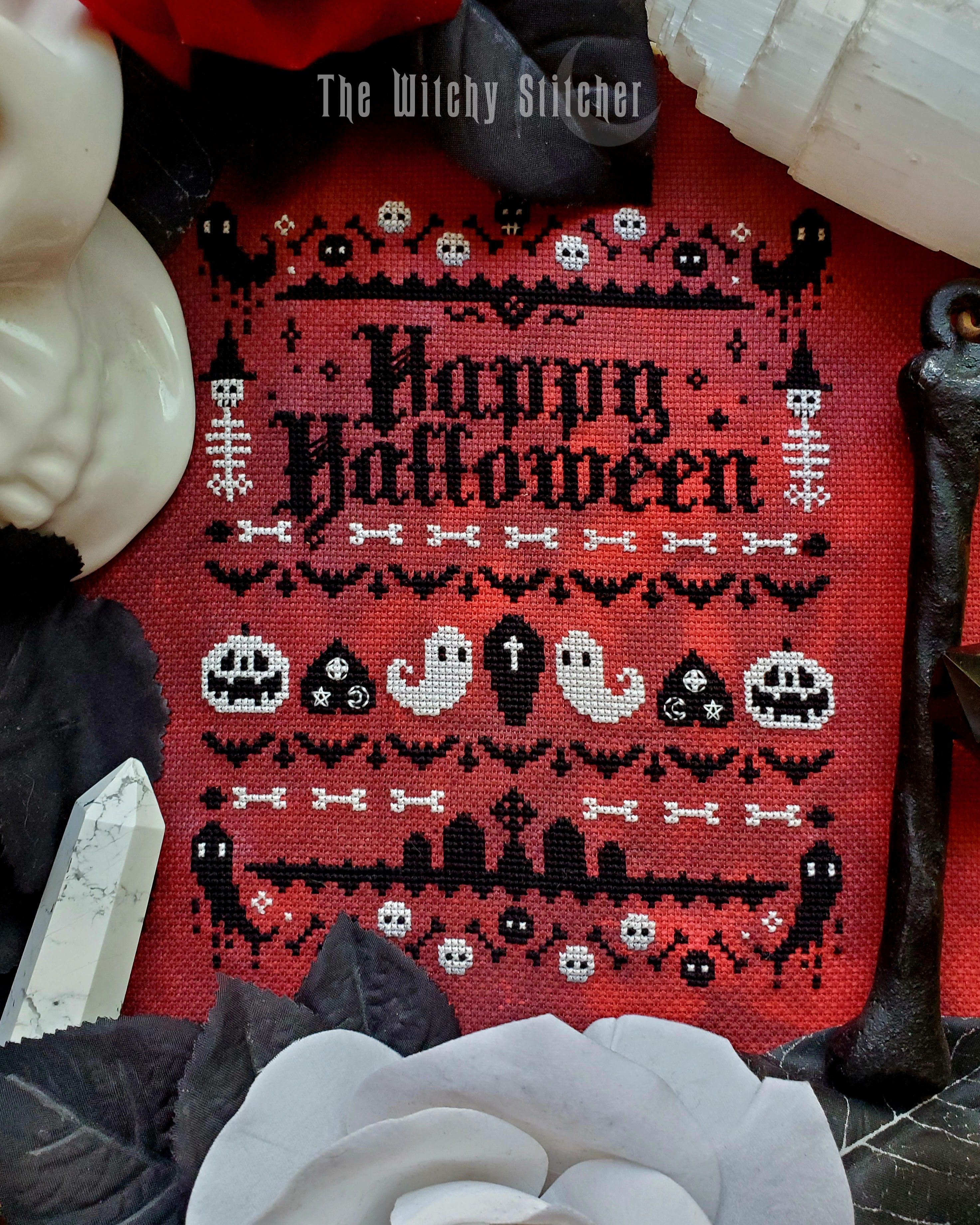 Spooky Halloween Sampler - Cross Stitch Pattern, different perspective #2, zoomed in. Select this picture to zoom back out.