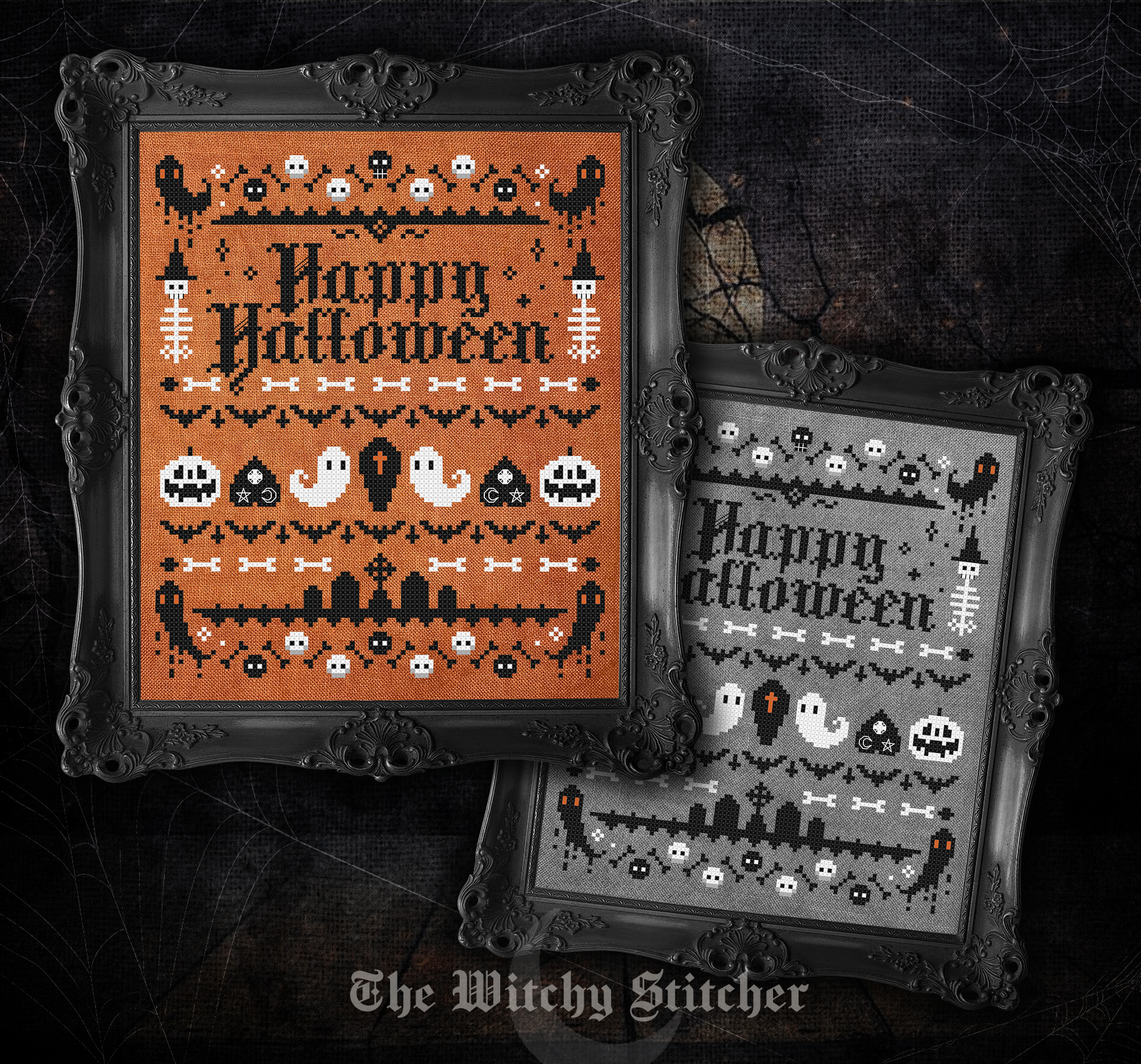 Spooky Halloween Sampler - Cross Stitch Pattern, different perspective #3, zoomed in. Select this picture to zoom back out.