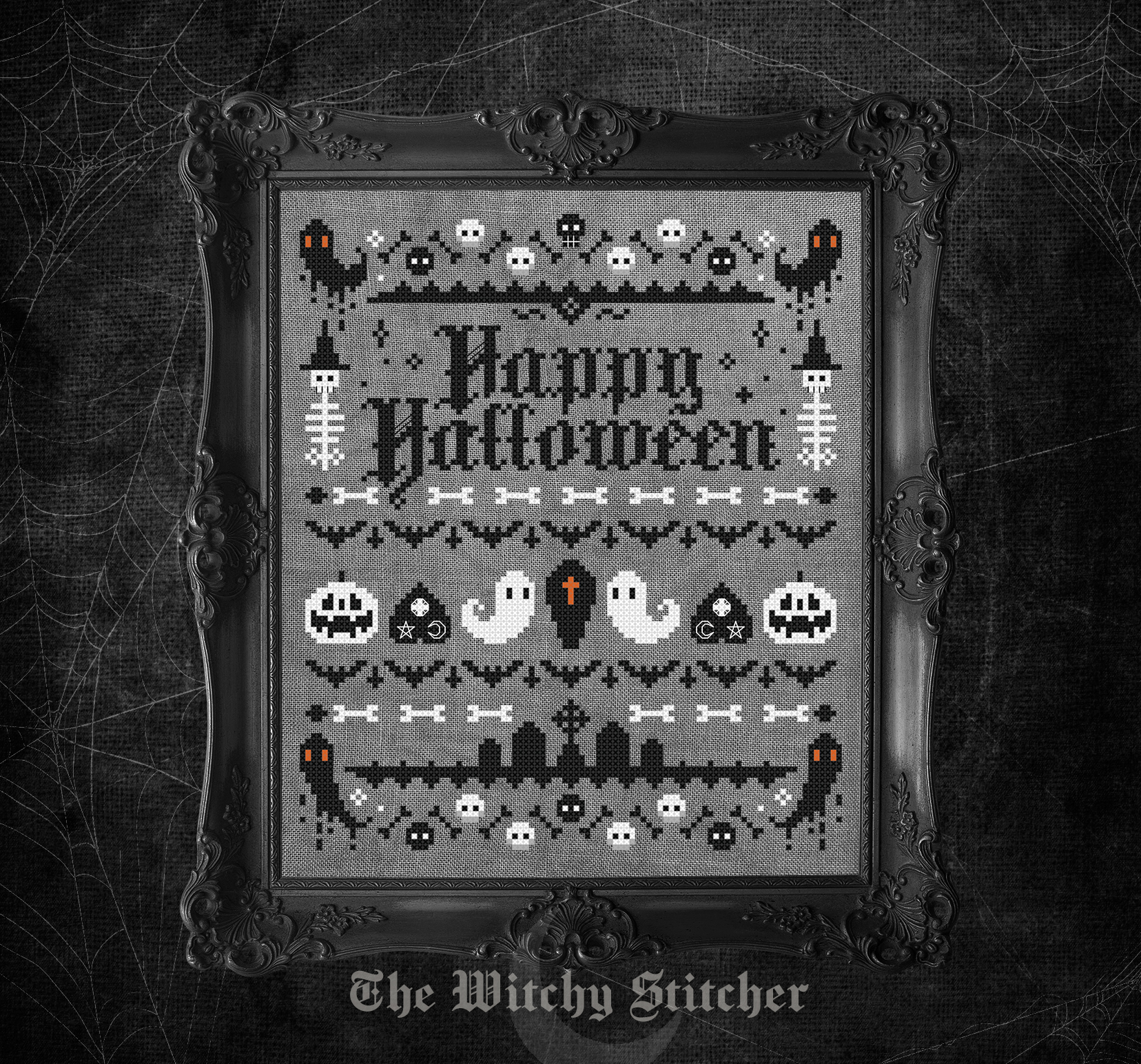 Spooky Halloween Sampler - Cross Stitch Pattern, zoomed in. Select this picture to zoom back out.