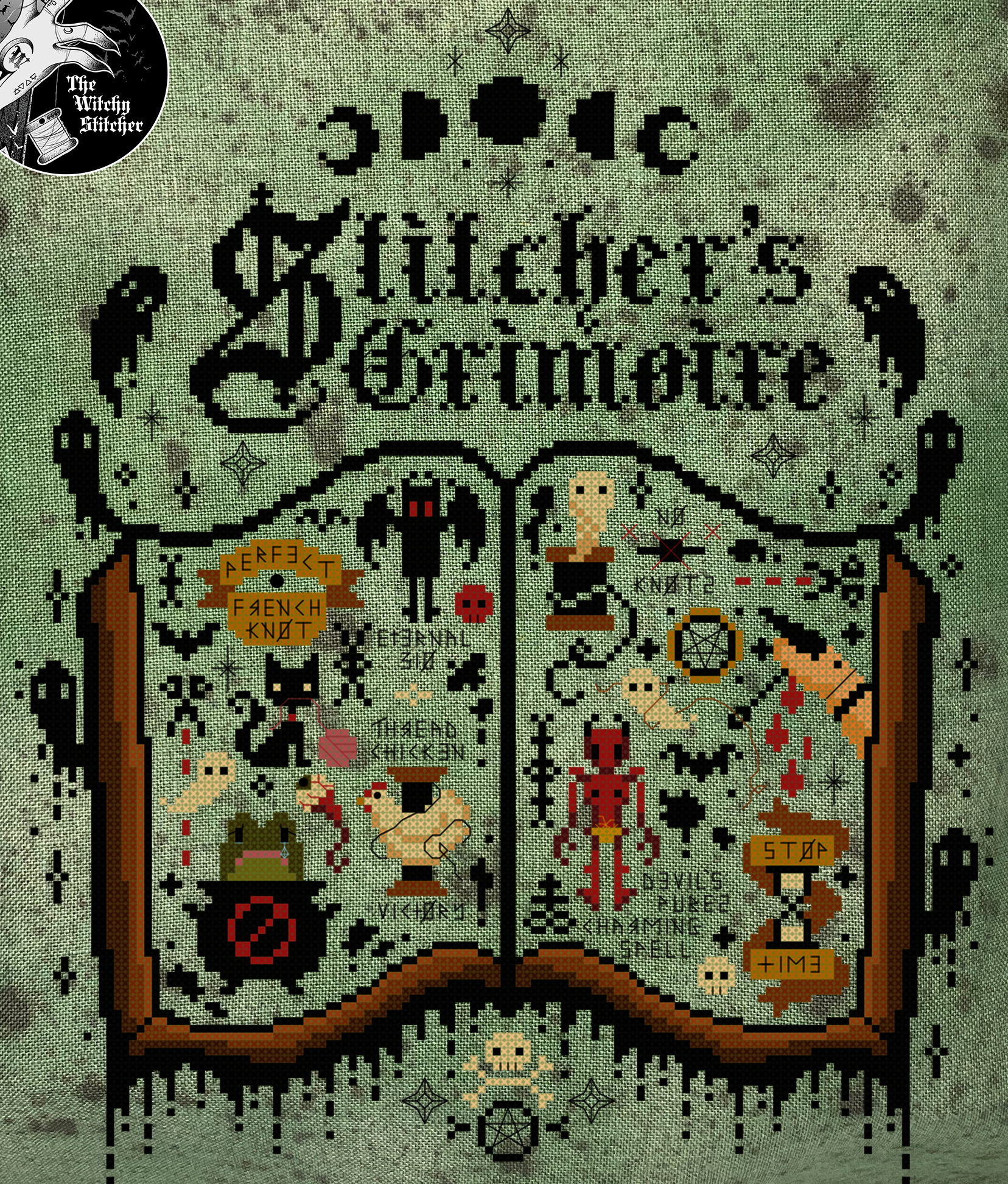 Stitcher's Grimoire - Halloween Cross Stitch Pattern, different perspective #2, zoomed in. Select this picture to zoom back out.