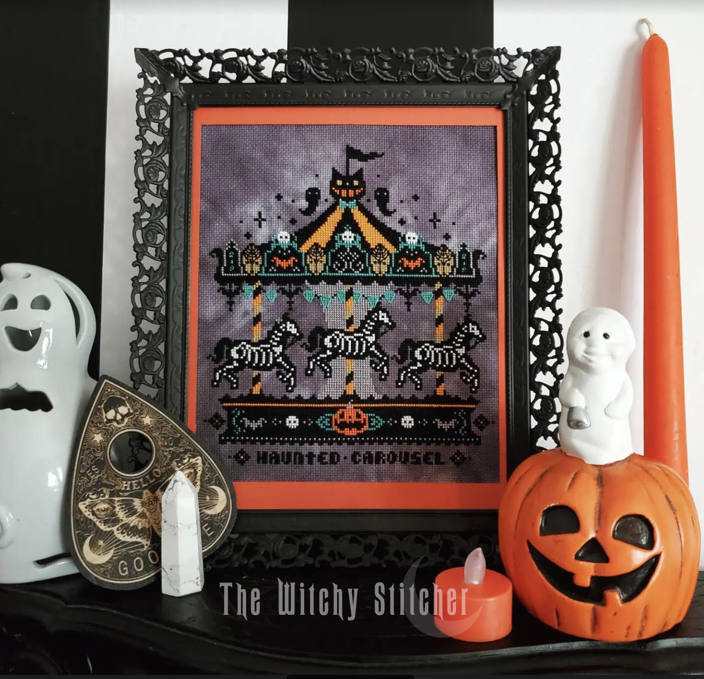 Vintage Haunted Carousel - Halloween Cross Stitch Pattern, different perspective #1, zoomed in. Select this picture to zoom back out.