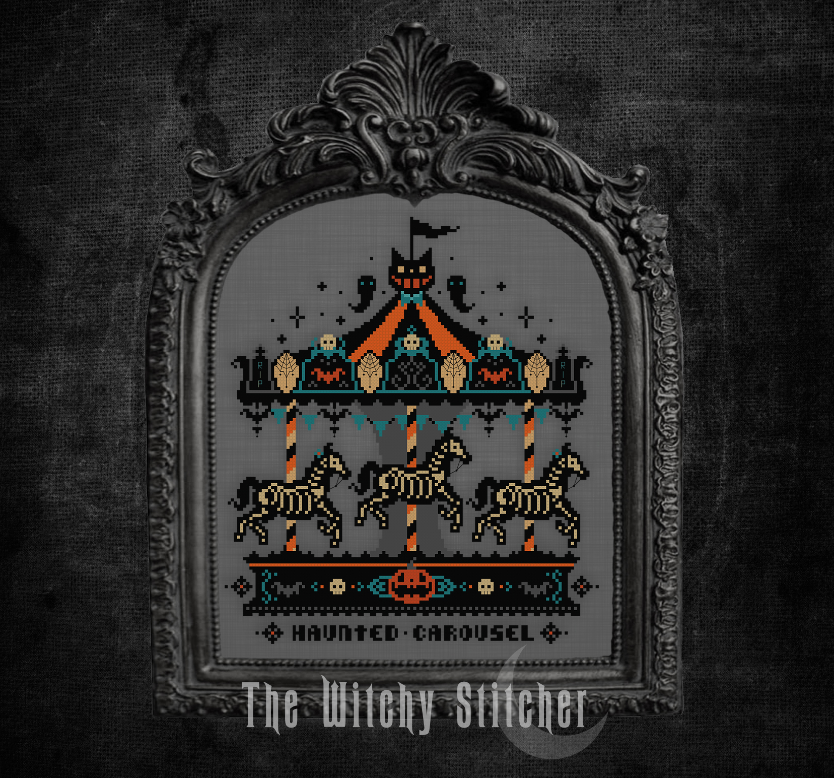 Vintage Haunted Carousel - Halloween Cross Stitch Pattern, different perspective #3, zoomed in. Select this picture to zoom back out.