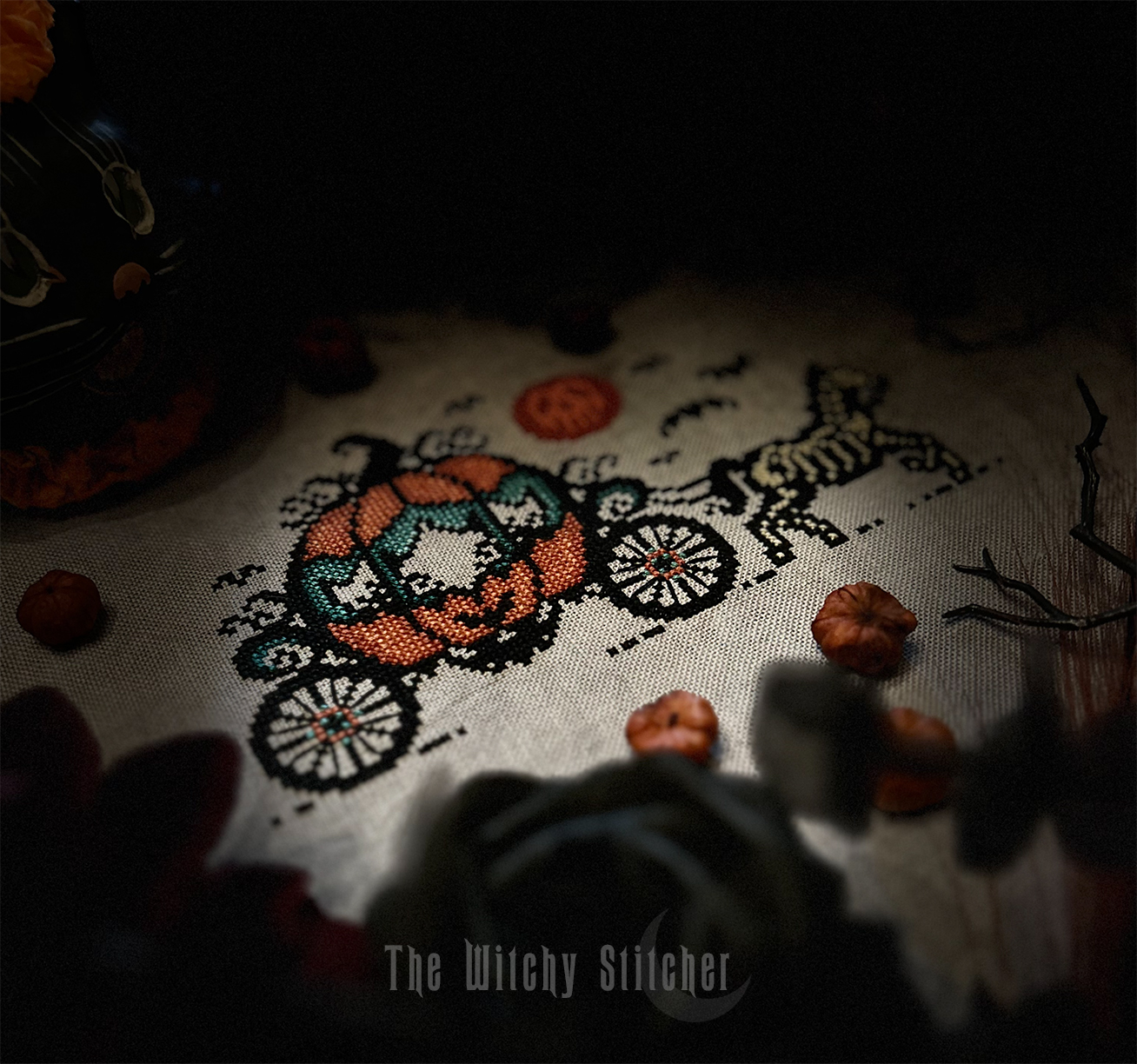 Vintage Pumpkin Carriage - Halloween Cross Stitch Pattern, different perspective #1, zoomed in. Select this picture to zoom back out.