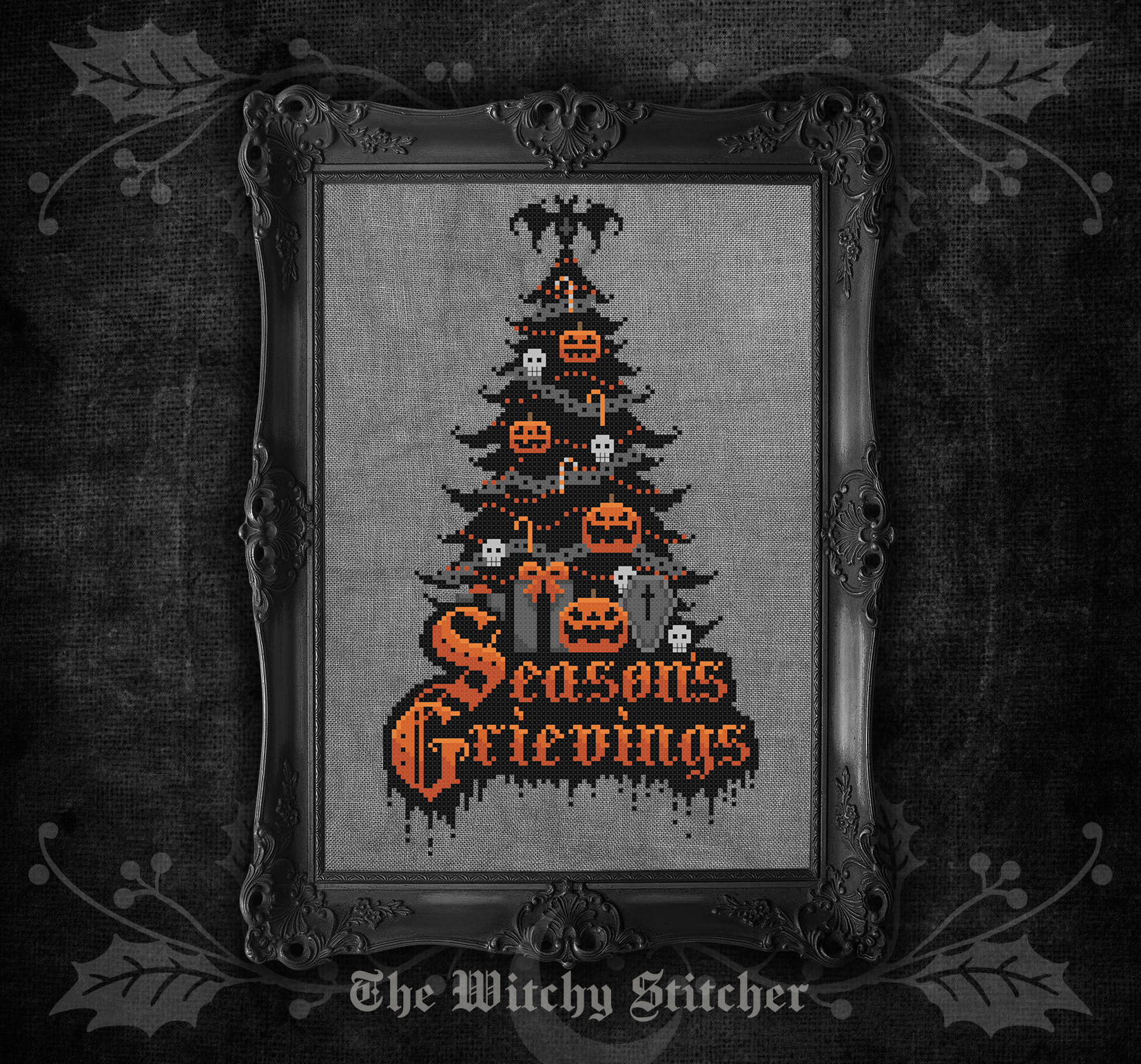 Season's Grievings - Halloween Cross Stitch Pattern, different perspective #2, zoomed in. Select this picture to zoom back out.