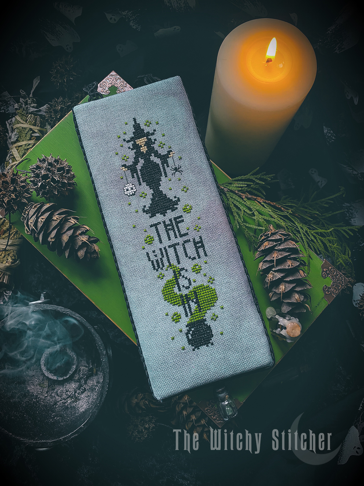 The Witch Is In - Halloween Cross Stitch Pattern, different perspective #2, zoomed in. Select this picture to zoom back out.