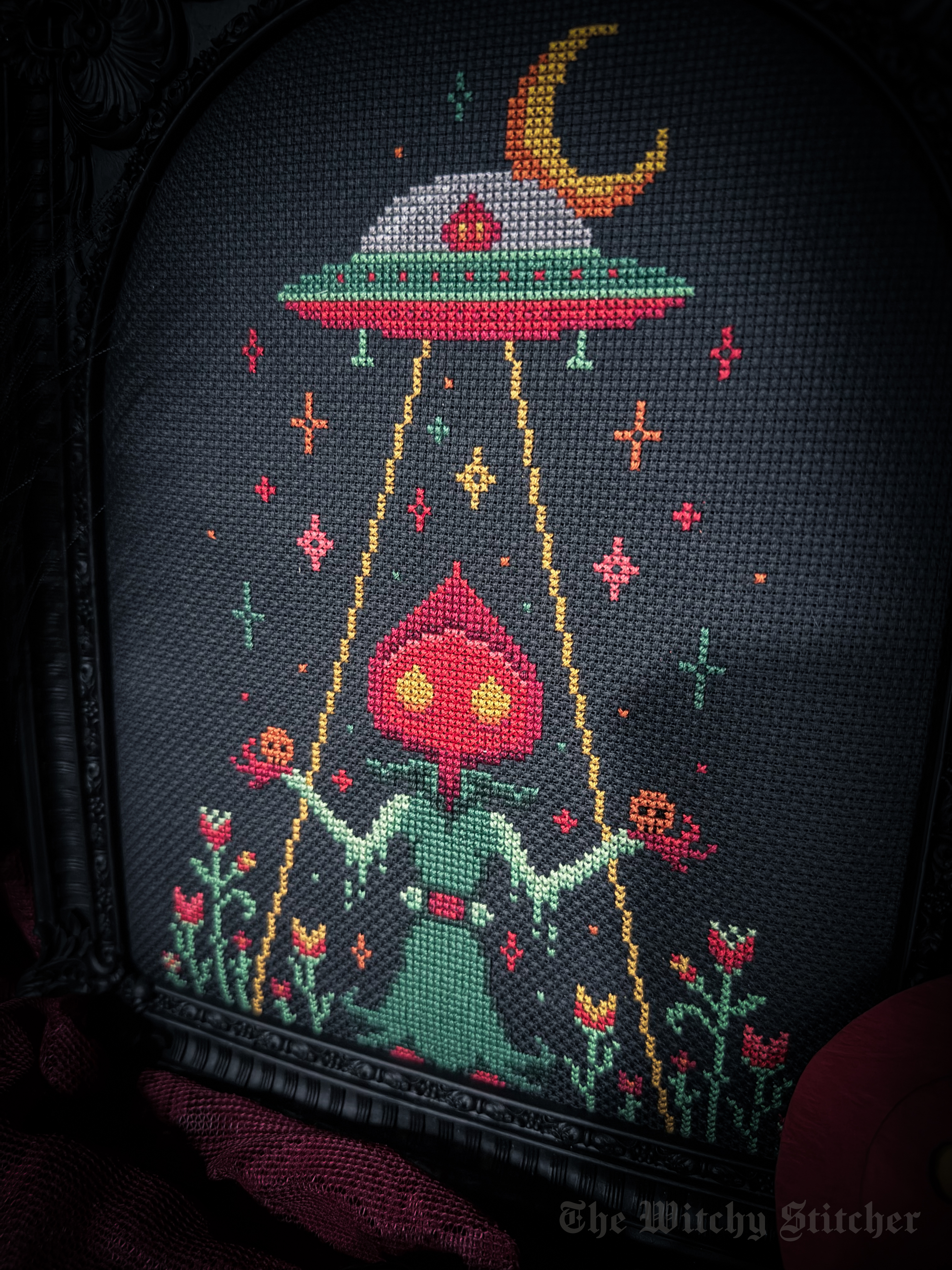 Take Me Home Flatwood Monster - Cross Stitch Pattern, different perspective #1, zoomed in. Select this picture to zoom back out.