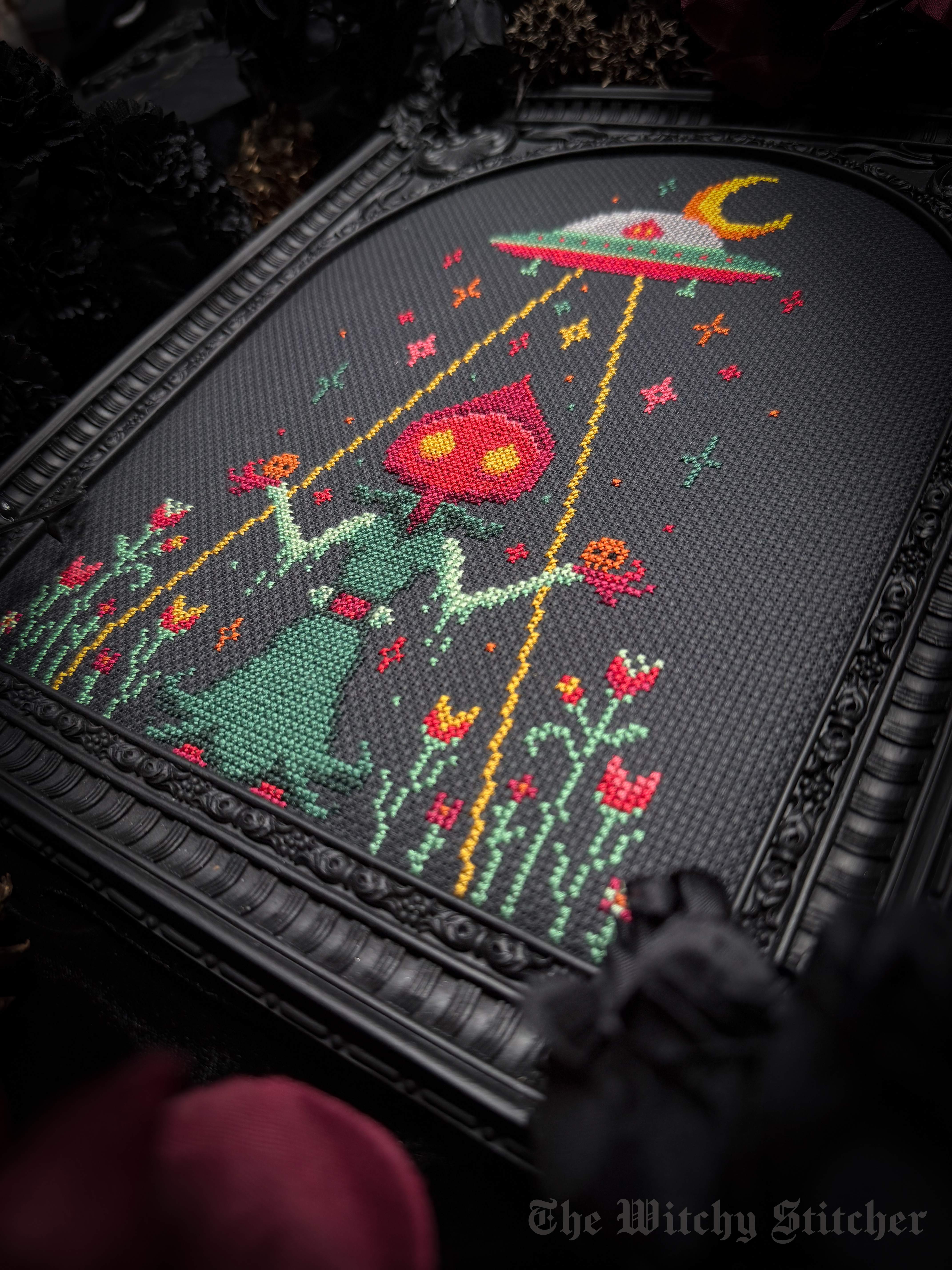 Take Me Home Flatwood Monster - Cross Stitch Pattern, different perspective #2, zoomed in. Select this picture to zoom back out.