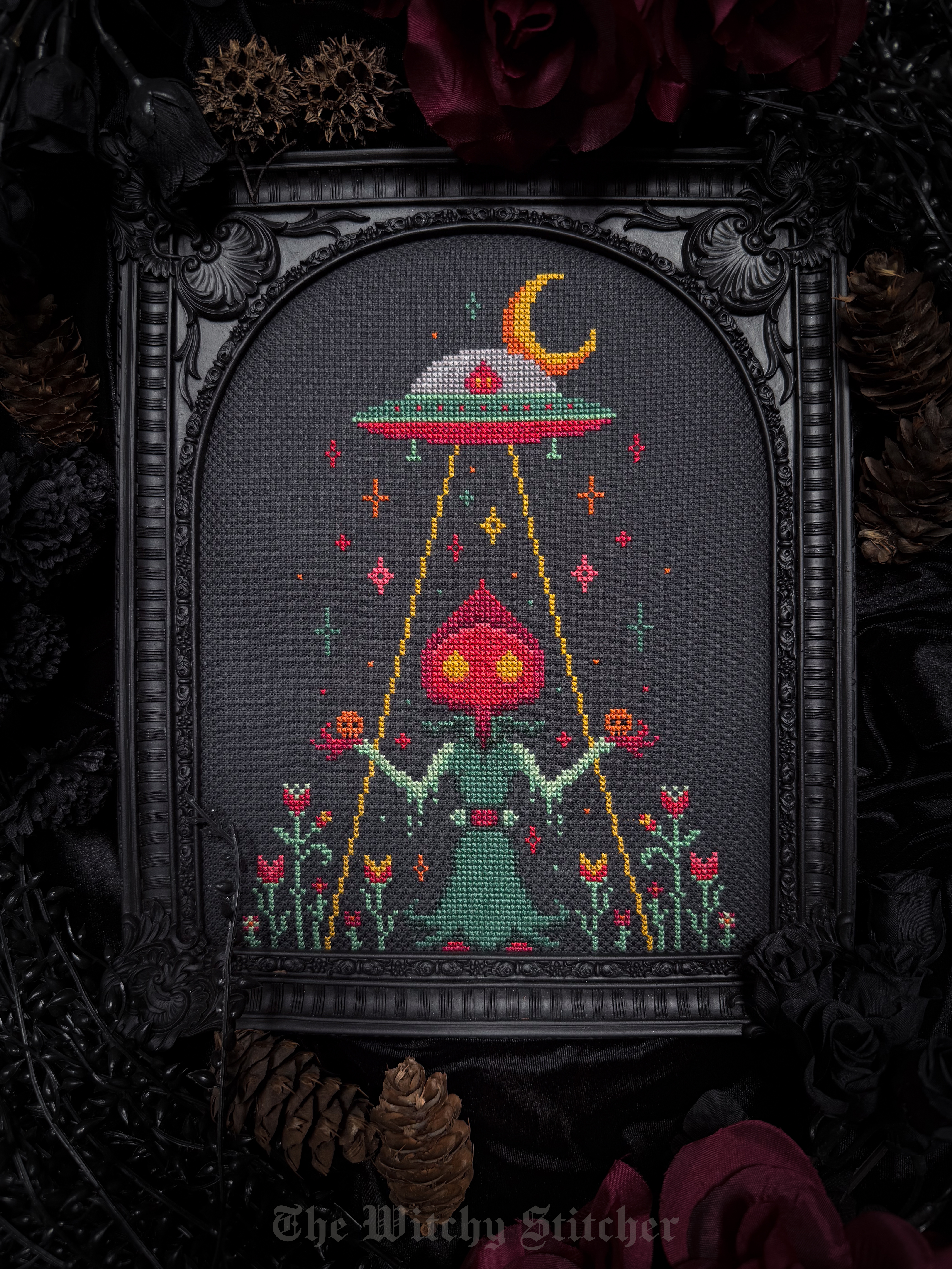 Take Me Home Flatwood Monster - Cross Stitch Pattern, zoomed in. Select this picture to zoom back out.