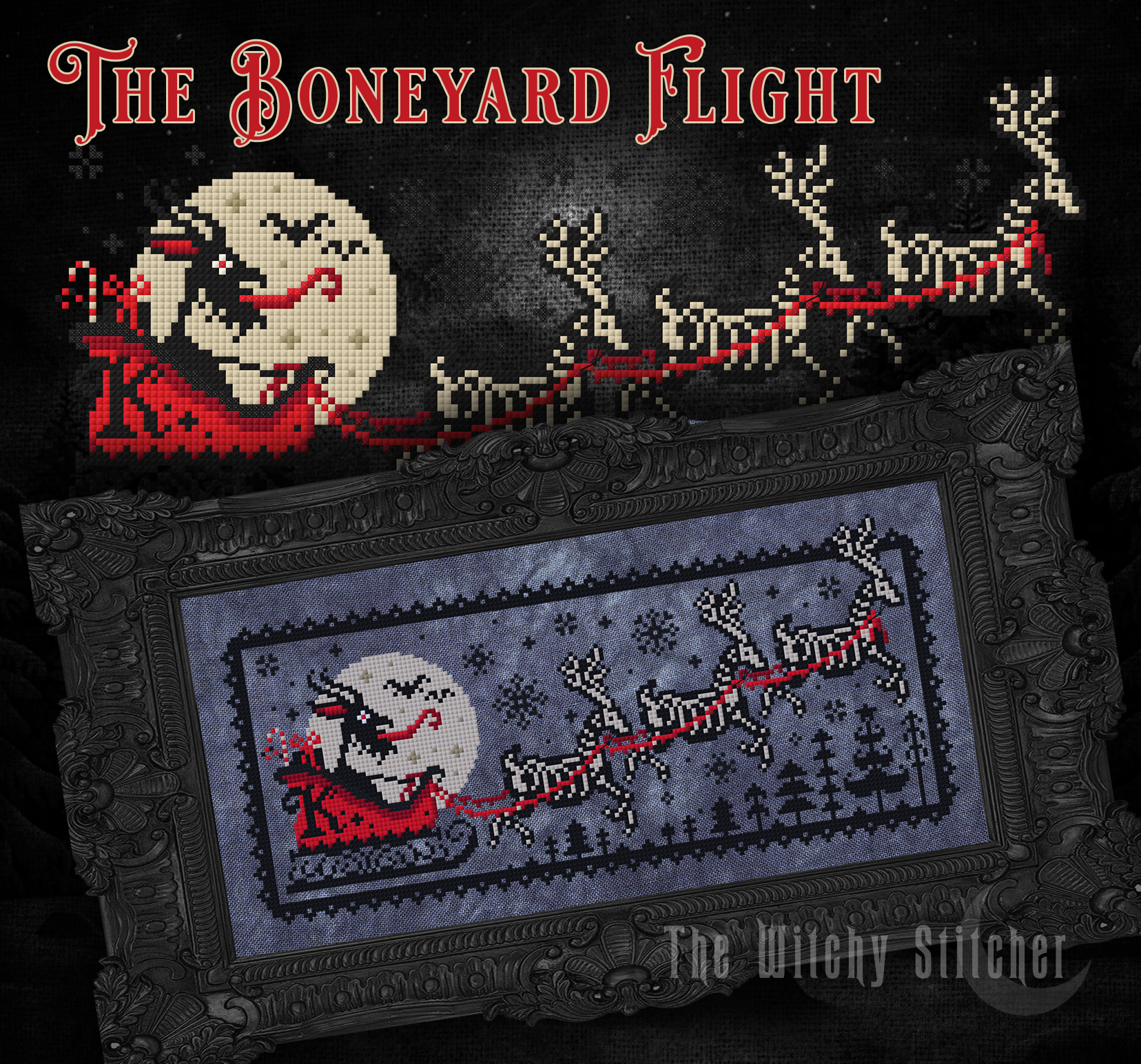 The Boneyard Flight - Halloween Cross Stitch Pattern, different perspective #1, zoomed in. Select this picture to zoom back out.