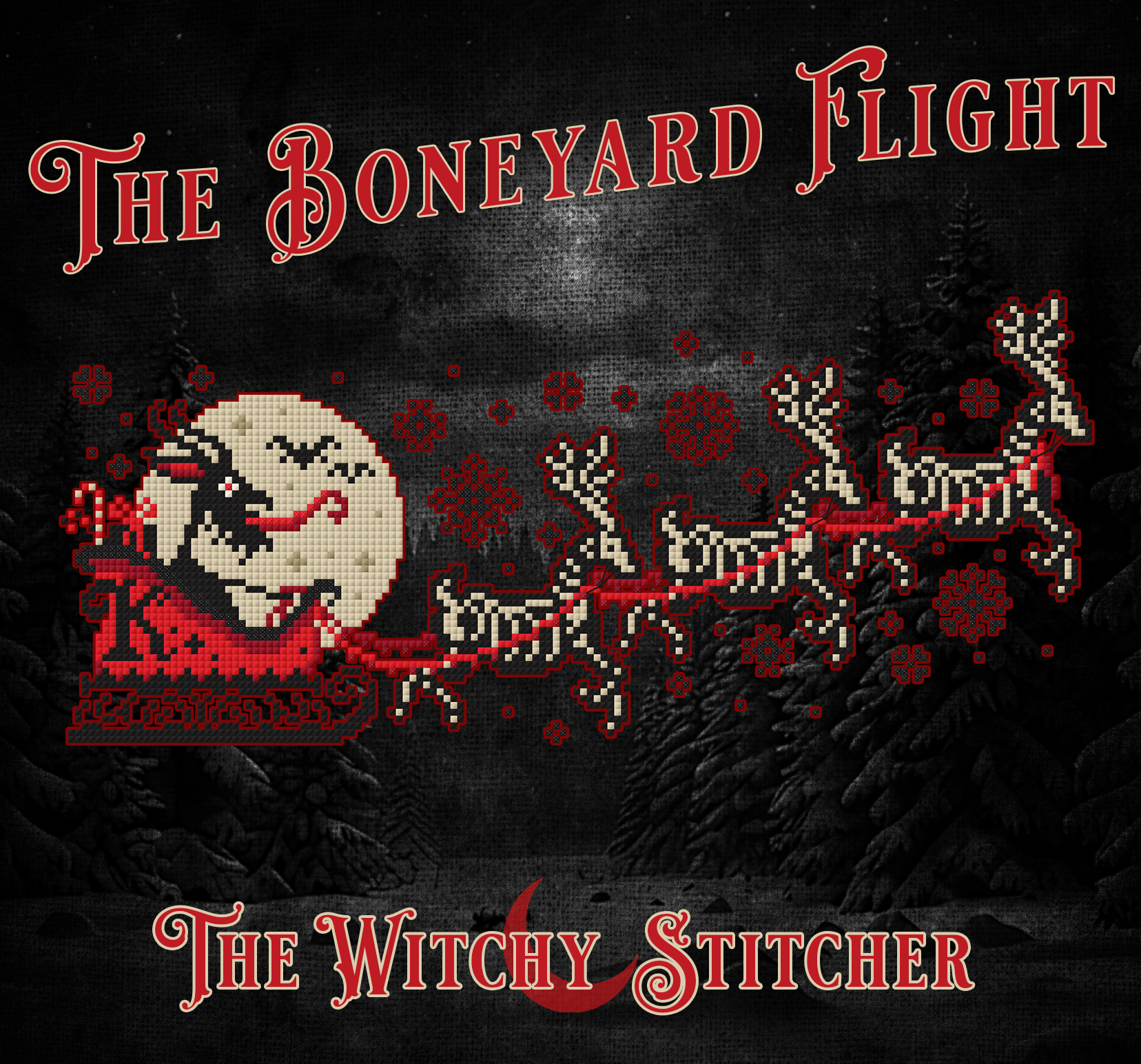 The Boneyard Flight - Halloween Cross Stitch Pattern, different perspective #2, zoomed in. Select this picture to zoom back out.