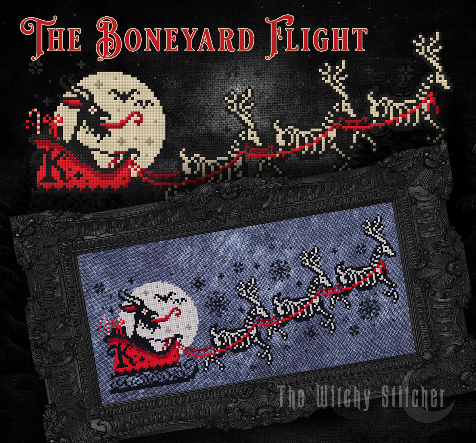 The Boneyard Flight - Halloween Cross Stitch Pattern, zoomed in. Select this picture to zoom back out.