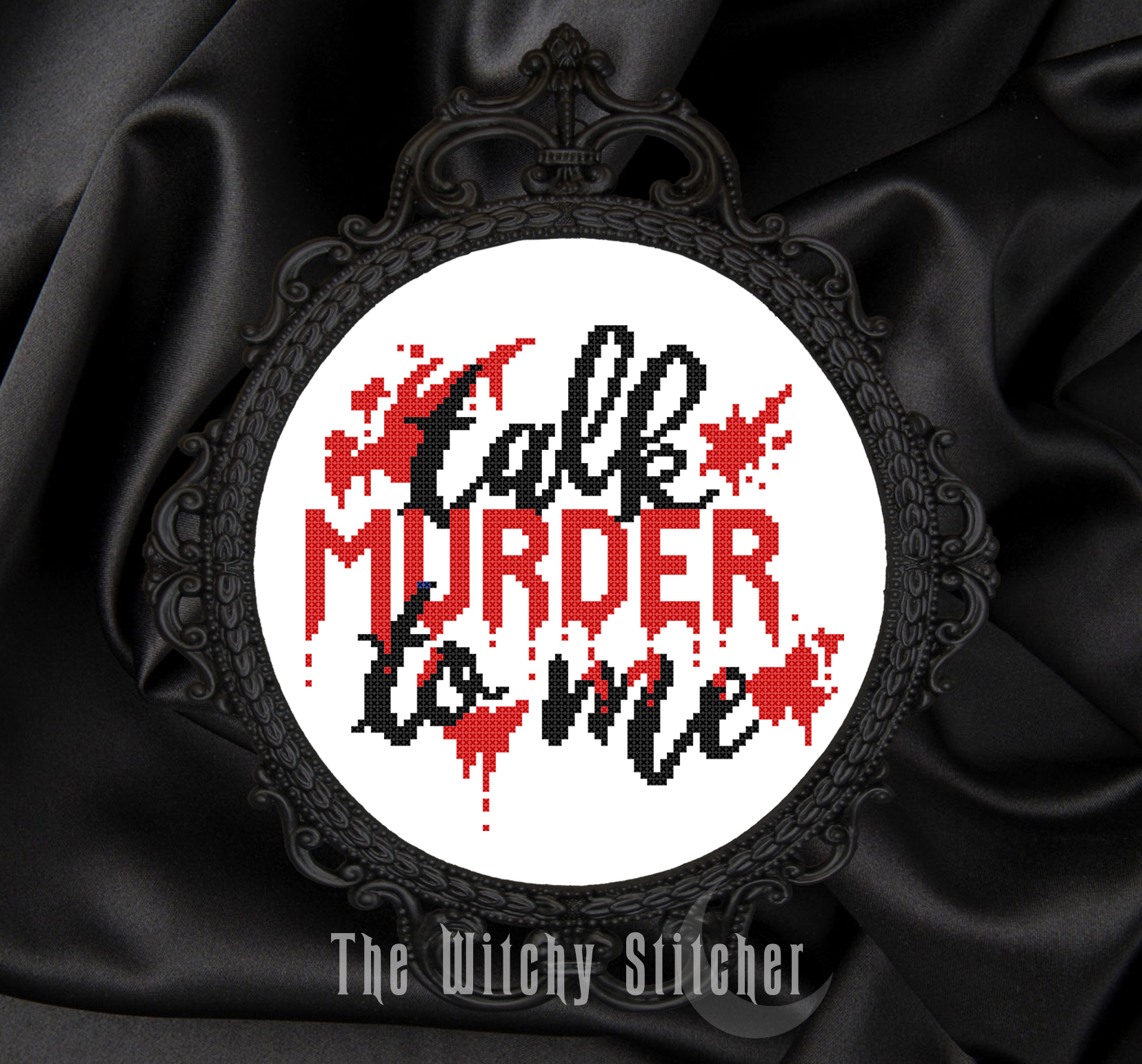 Talk Murder To Me - Cross Stitch Pattern, different perspective #1, zoomed in. Select this picture to zoom back out.