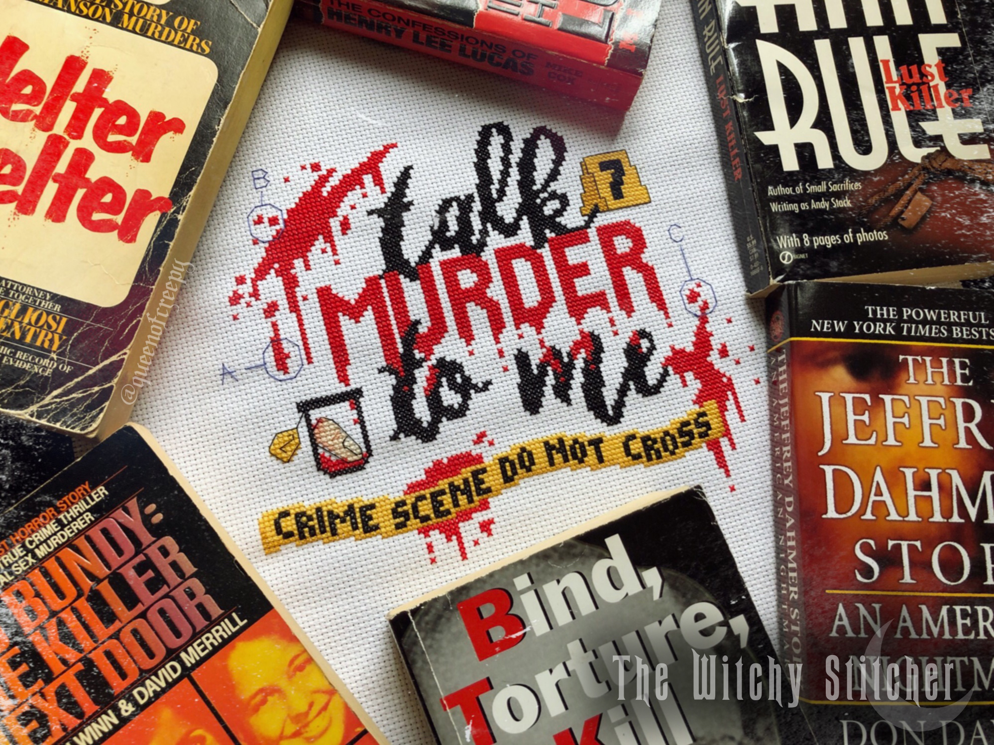 Talk Murder To Me - Cross Stitch Pattern, different perspective #2, zoomed in. Select this picture to zoom back out.