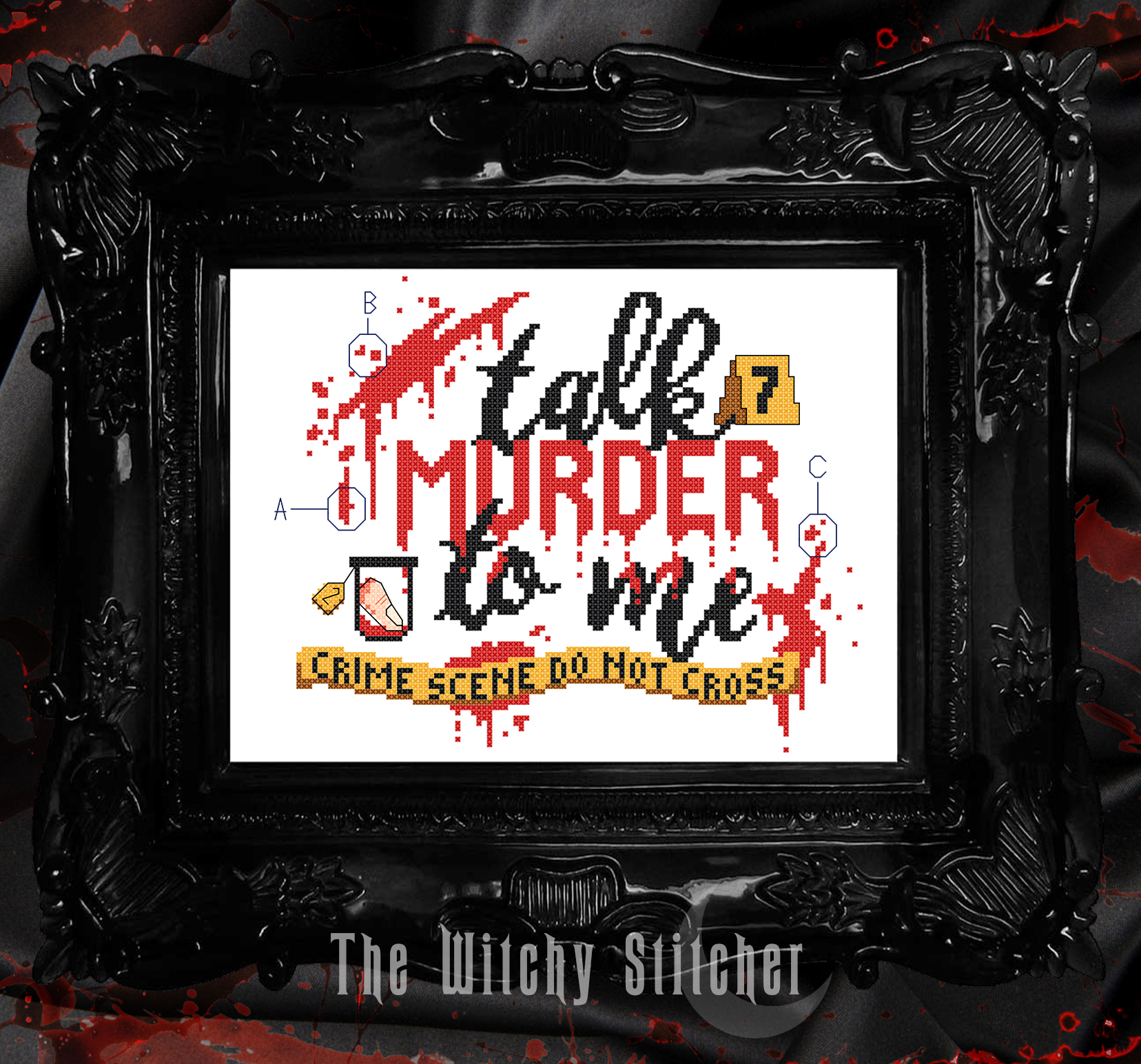 Talk Murder To Me - Cross Stitch Pattern, zoomed in. Select this picture to zoom back out.