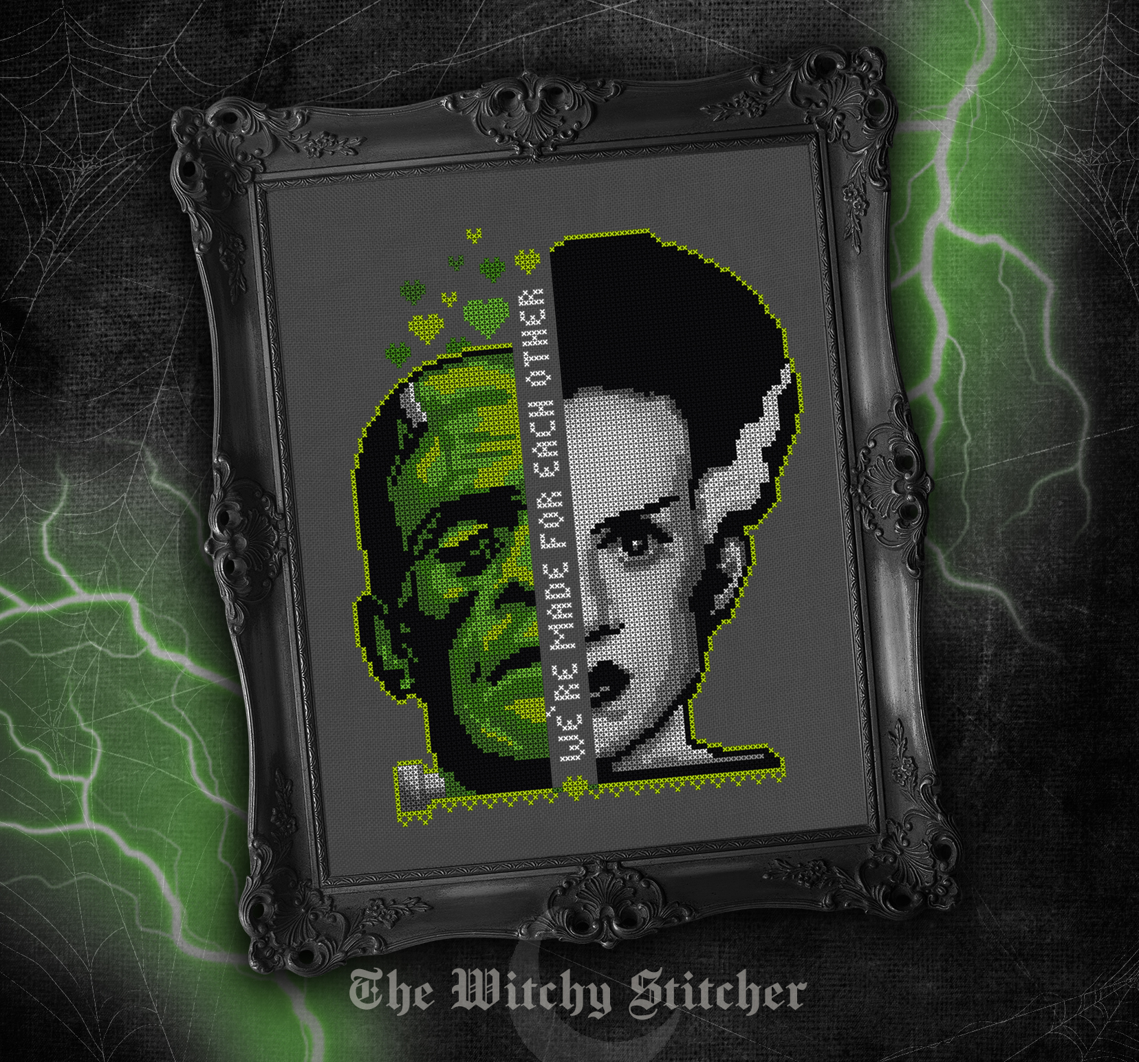 Made For Each Other - Halloween Cross Stitch Pattern, different perspective #1, zoomed in. Select this picture to zoom back out.