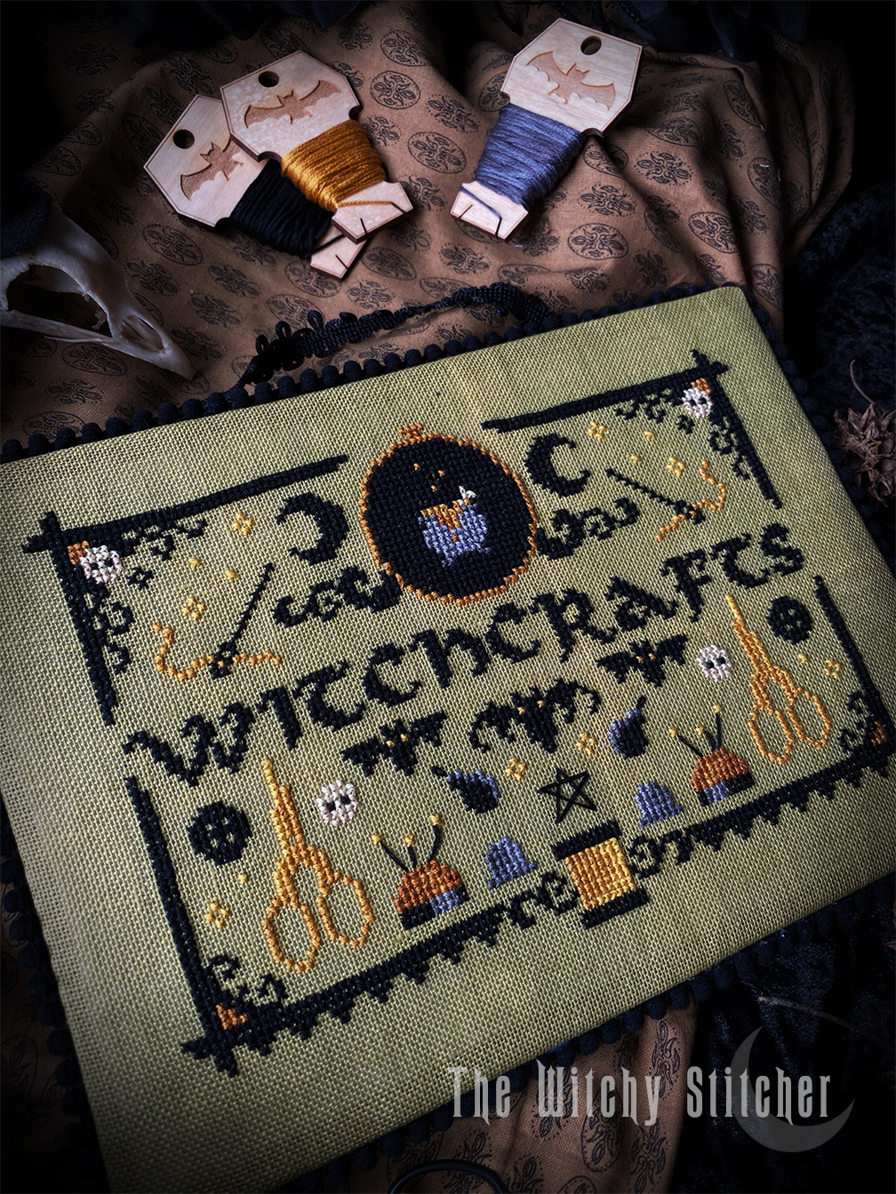 Witchcrafts - Halloween Cross Stitch Pattern, different perspective #1, zoomed in. Select this picture to zoom back out.