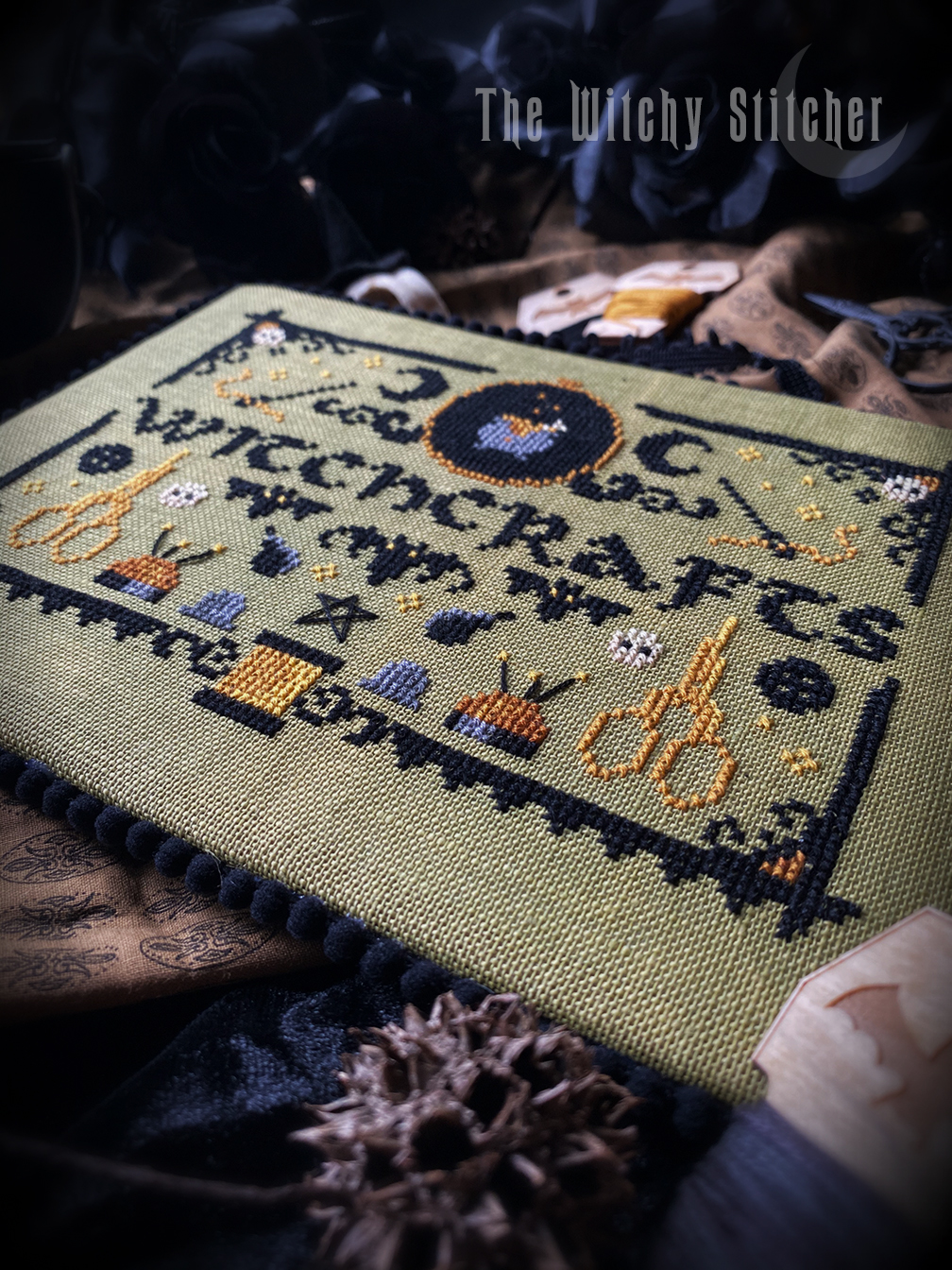 Witchcrafts - Halloween Cross Stitch Pattern, different perspective #2, zoomed in. Select this picture to zoom back out.