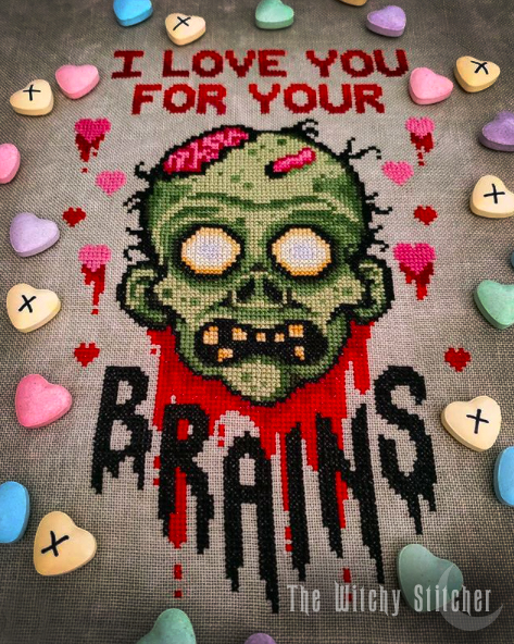 I Love You For Your Brains Zombie - Cross Stitch Pattern, different perspective #1, zoomed in. Select this picture to zoom back out.
